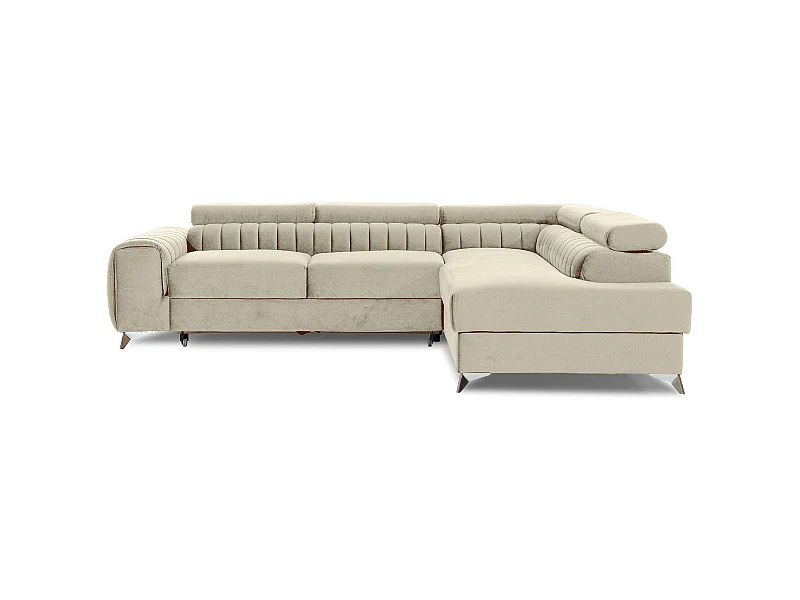 Canapé d'angle convertible velours appuis-tête réglables LOZA - Coffre et pieds acier chromé-Crème-angle droit