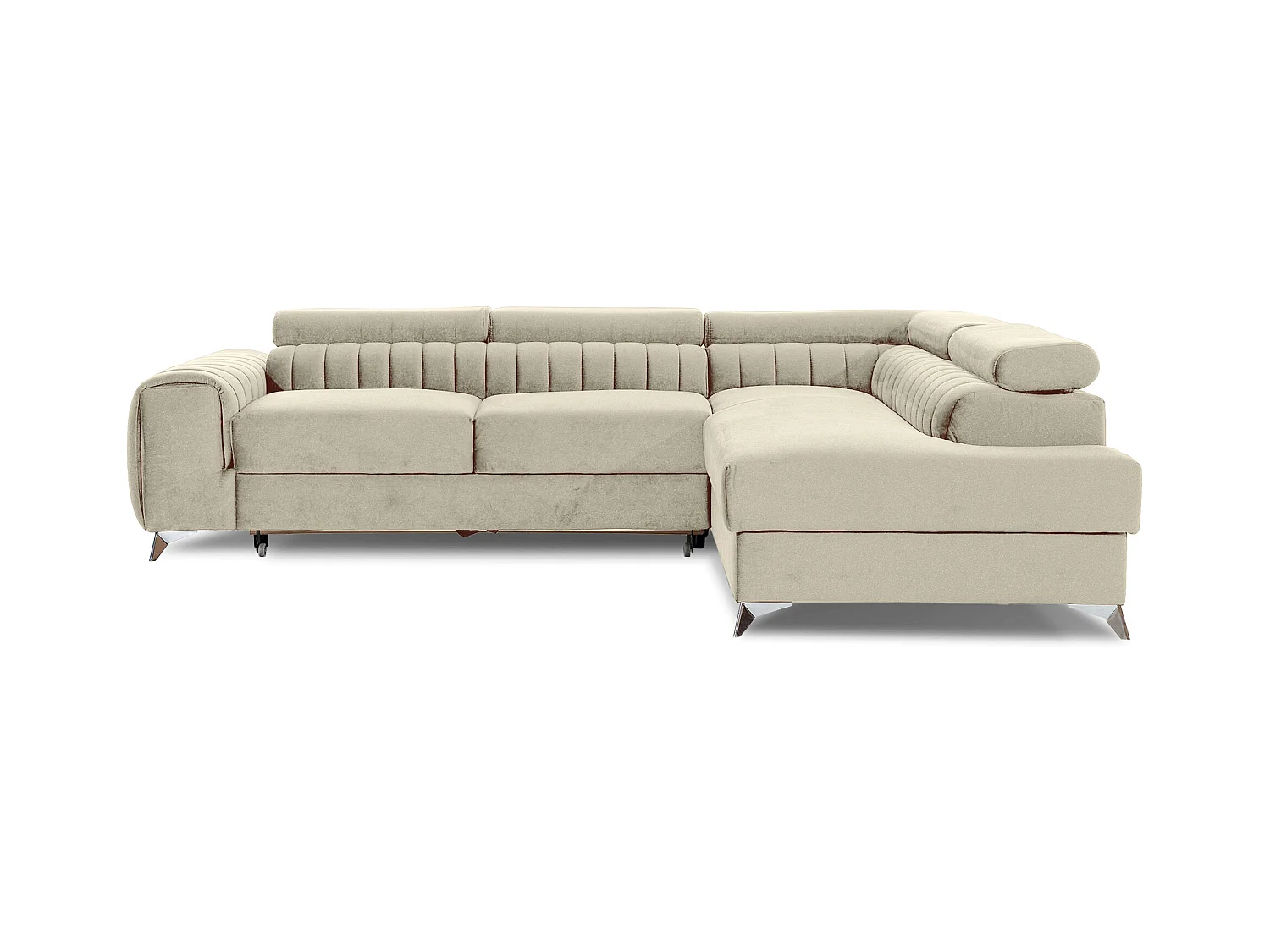 Canapé d'angle convertible velours appuis-tête réglables LOZA - Coffre et pieds acier chromé-Crème-angle droit
