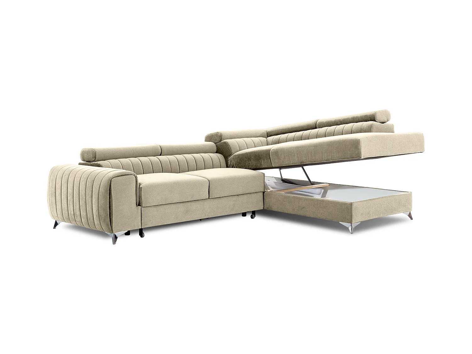 Canapé d'angle convertible velours appuis-tête réglables LOZA - Coffre et pieds acier chromé-Crème-angle droit