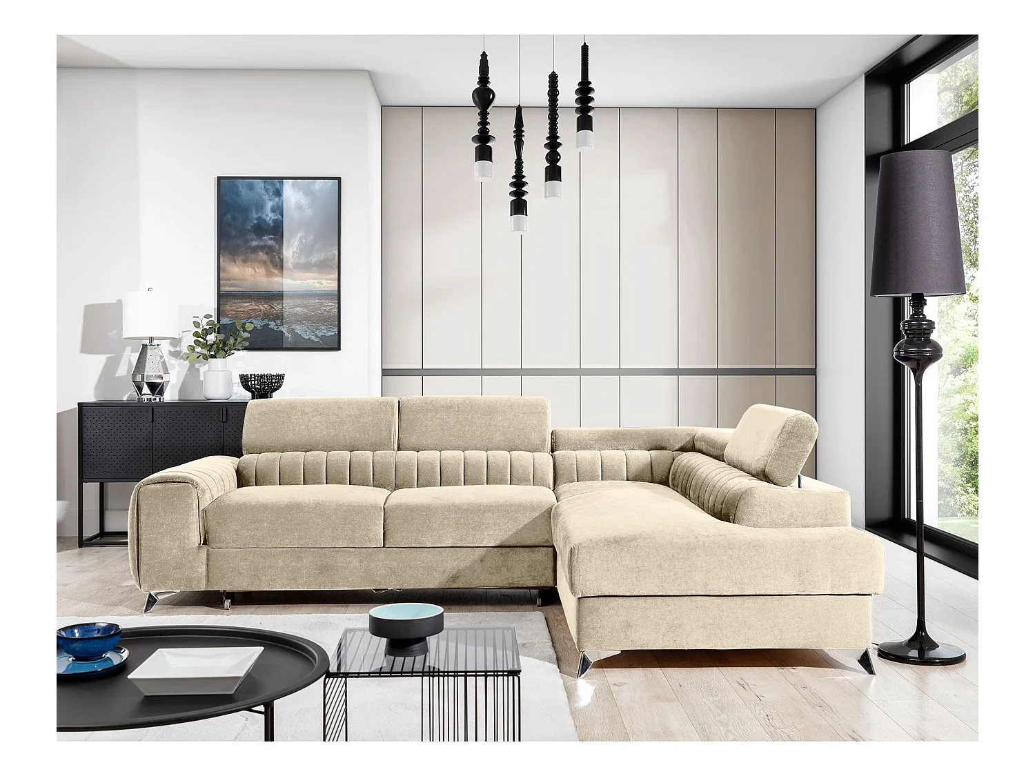 Canapé d'angle convertible velours appuis-tête réglables LOZA - Coffre et pieds acier chromé-Crème-angle droit