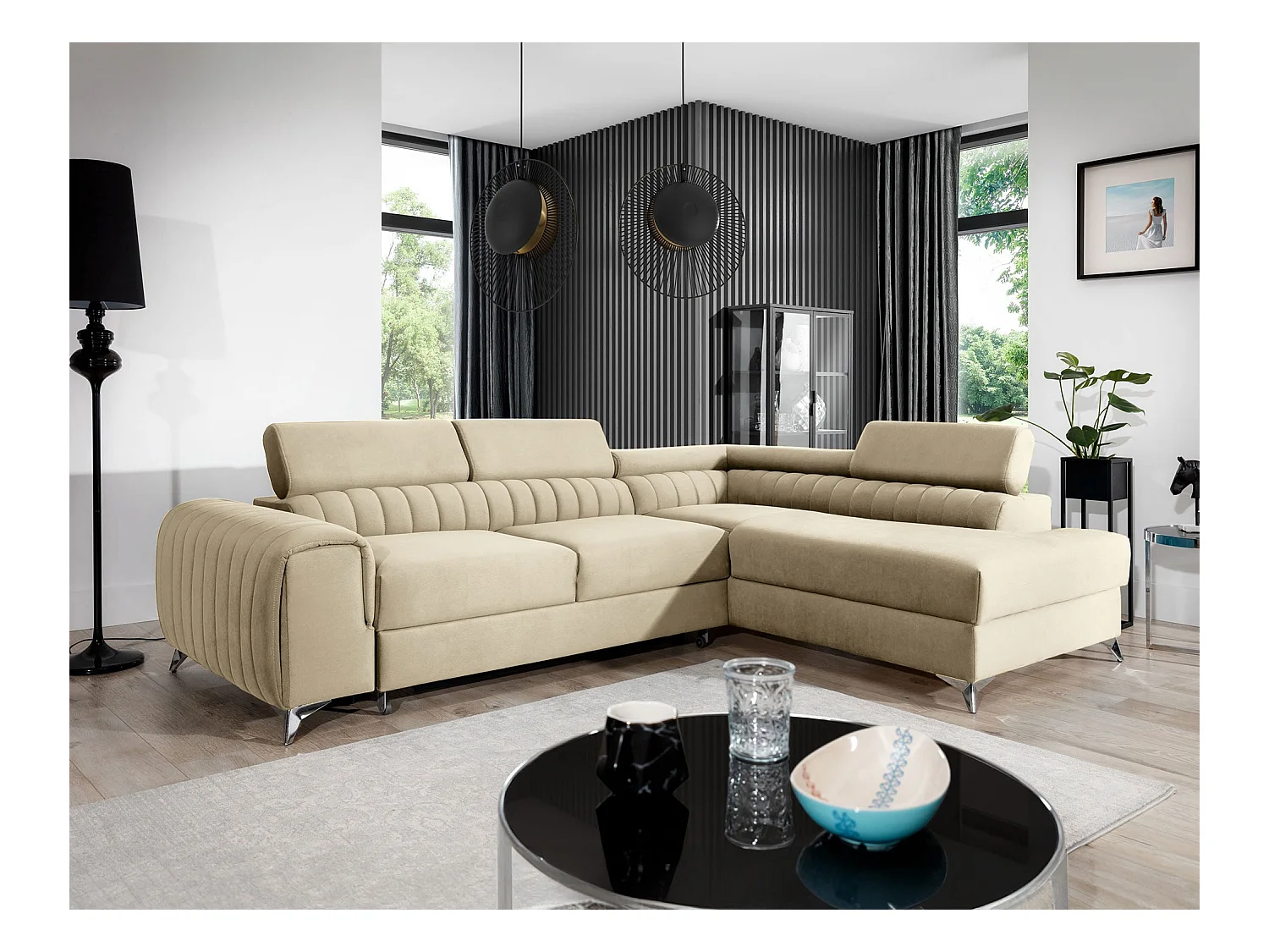 Canapé d'angle convertible velours appuis-tête réglables LOZA - Coffre et pieds acier chromé-Crème-angle droit