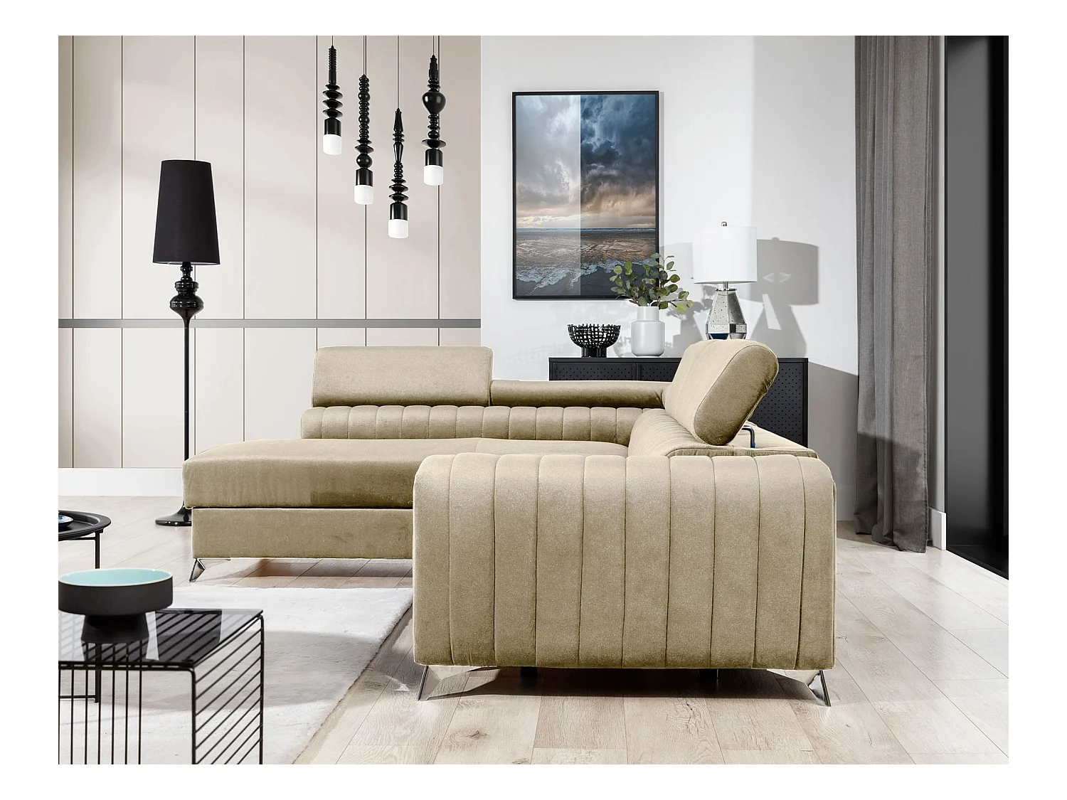 Canapé d'angle convertible velours appuis-tête réglables LOZA - Coffre et pieds acier chromé-Crème-angle droit