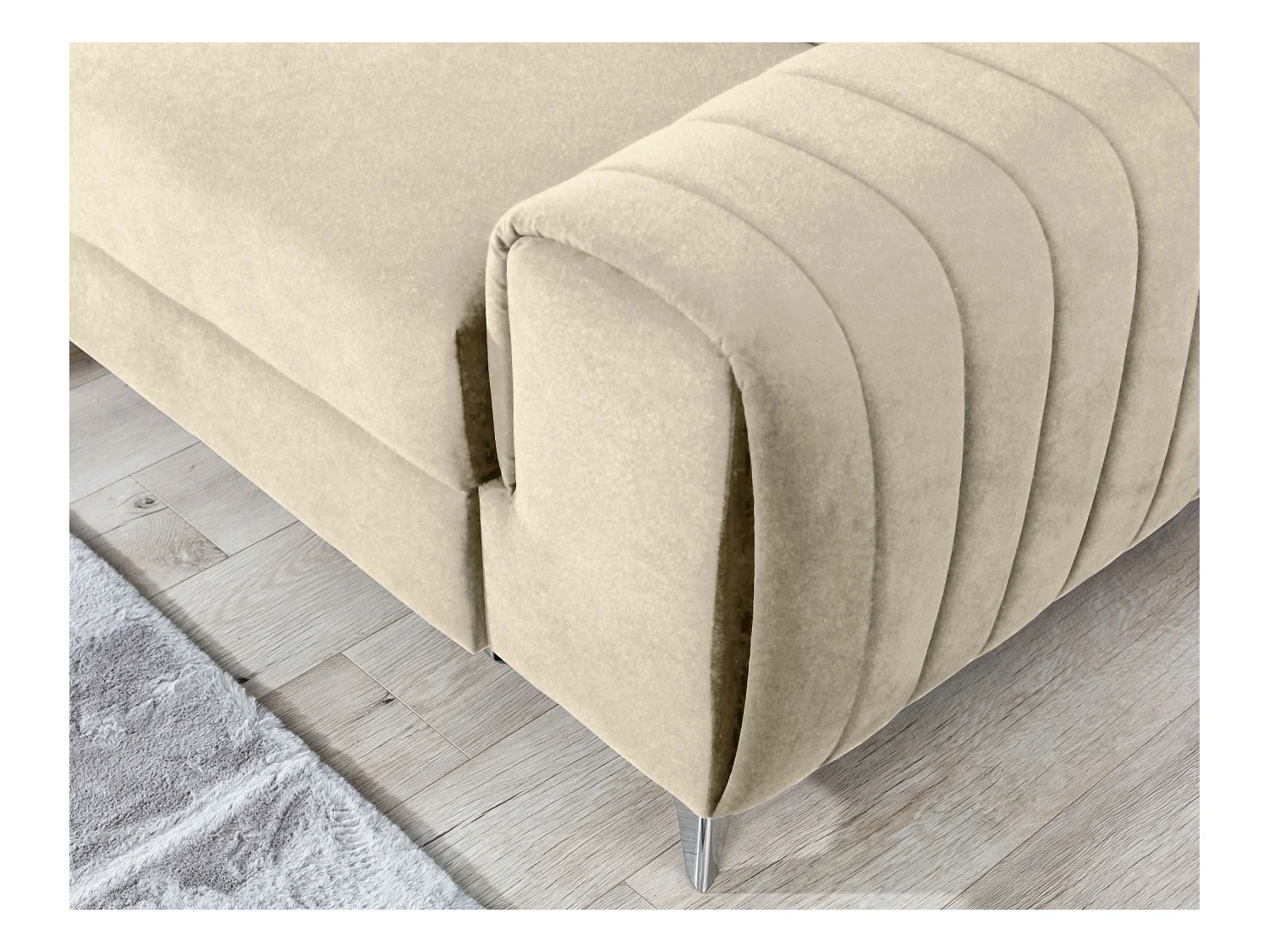 Canapé d'angle convertible velours appuis-tête réglables LOZA - Coffre et pieds acier chromé-Crème-angle droit