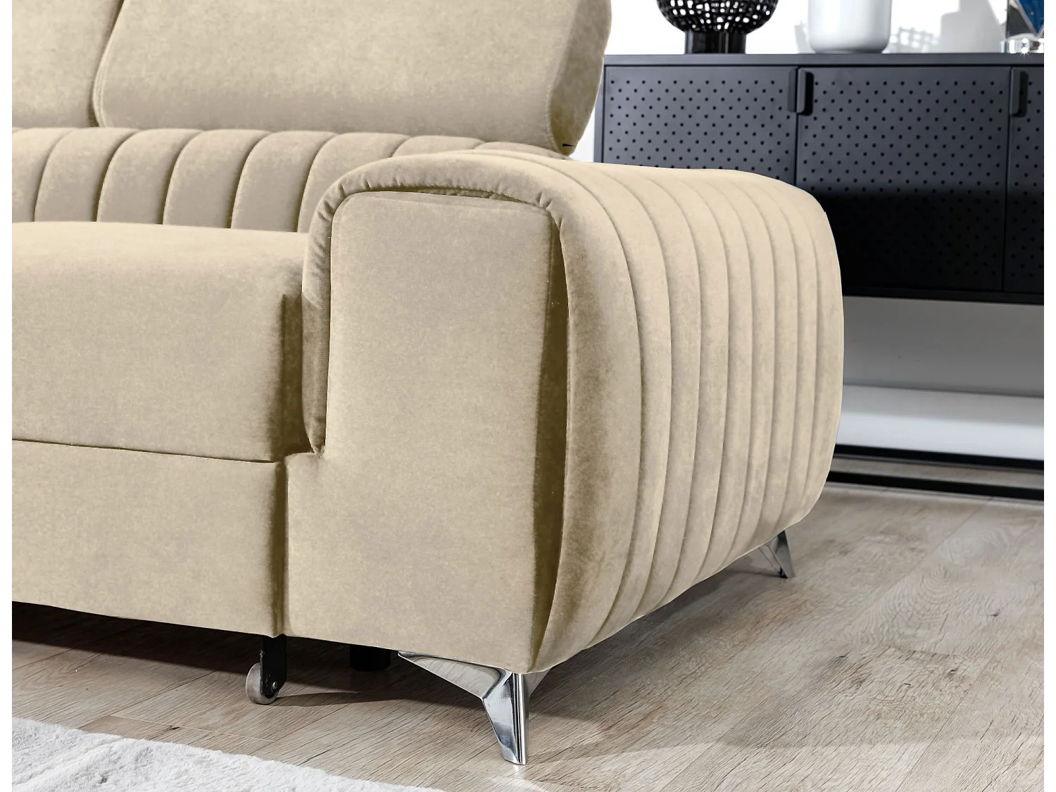 Canapé d'angle convertible velours appuis-tête réglables LOZA - Coffre et pieds acier chromé-Crème-angle droit