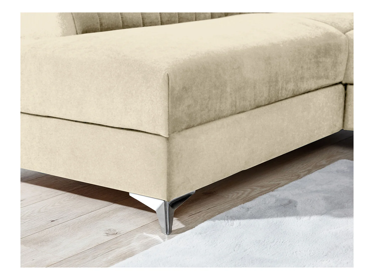 Canapé d'angle convertible velours appuis-tête réglables LOZA - Coffre et pieds acier chromé-Crème-angle droit