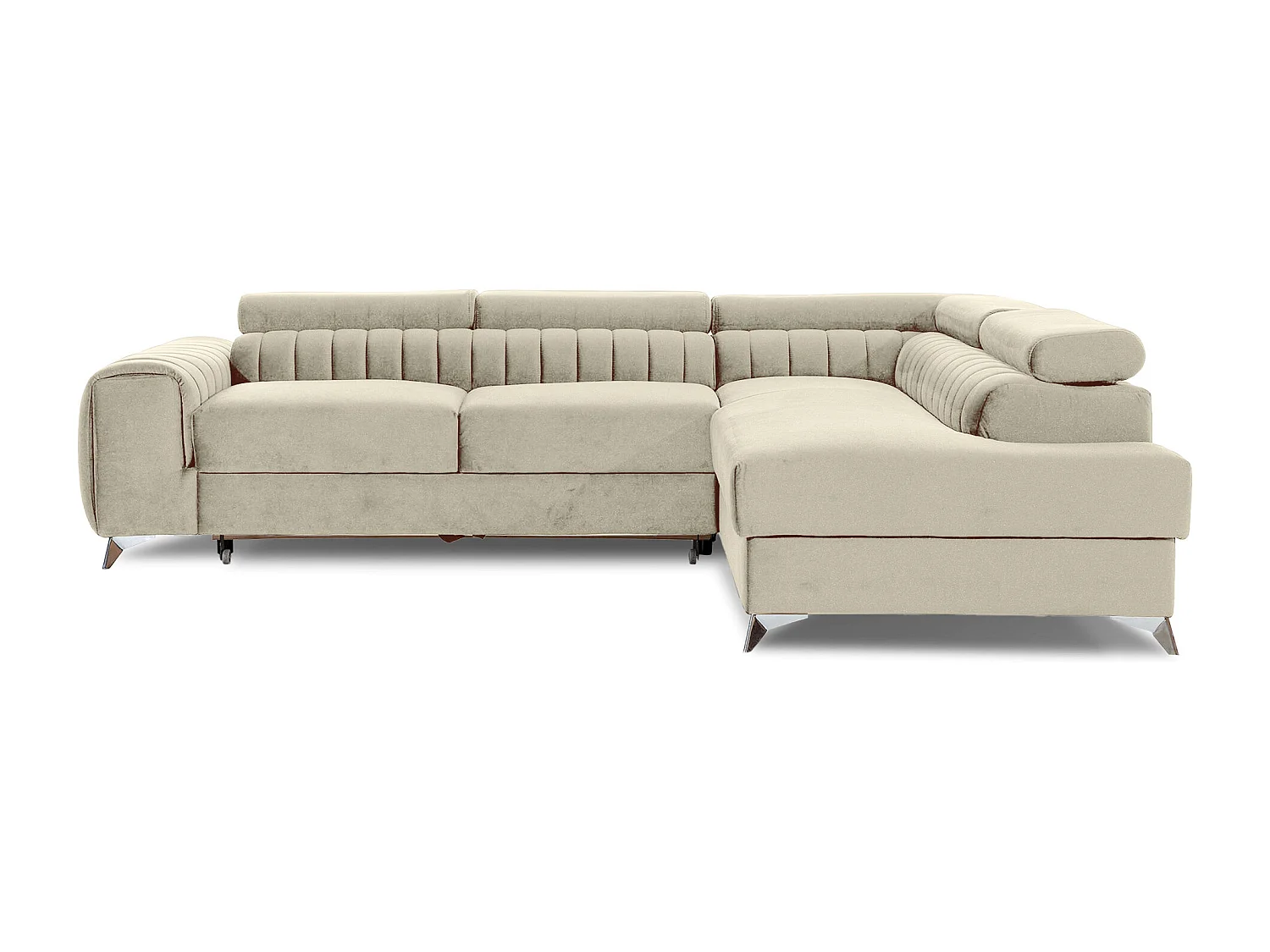 Canapé d'angle convertible velours appuis-tête réglables LOZA - Coffre et pieds acier chromé-Crème-angle droit