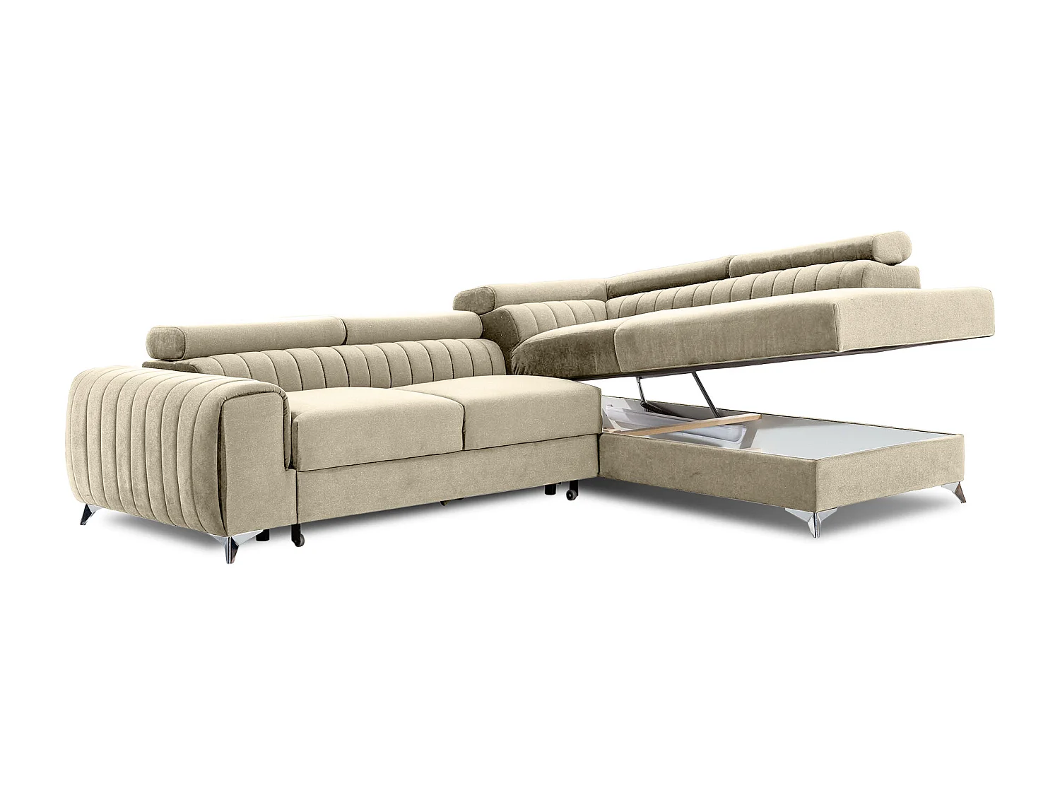 Canapé d'angle convertible velours appuis-tête réglables LOZA - Coffre et pieds acier chromé-Crème-angle droit