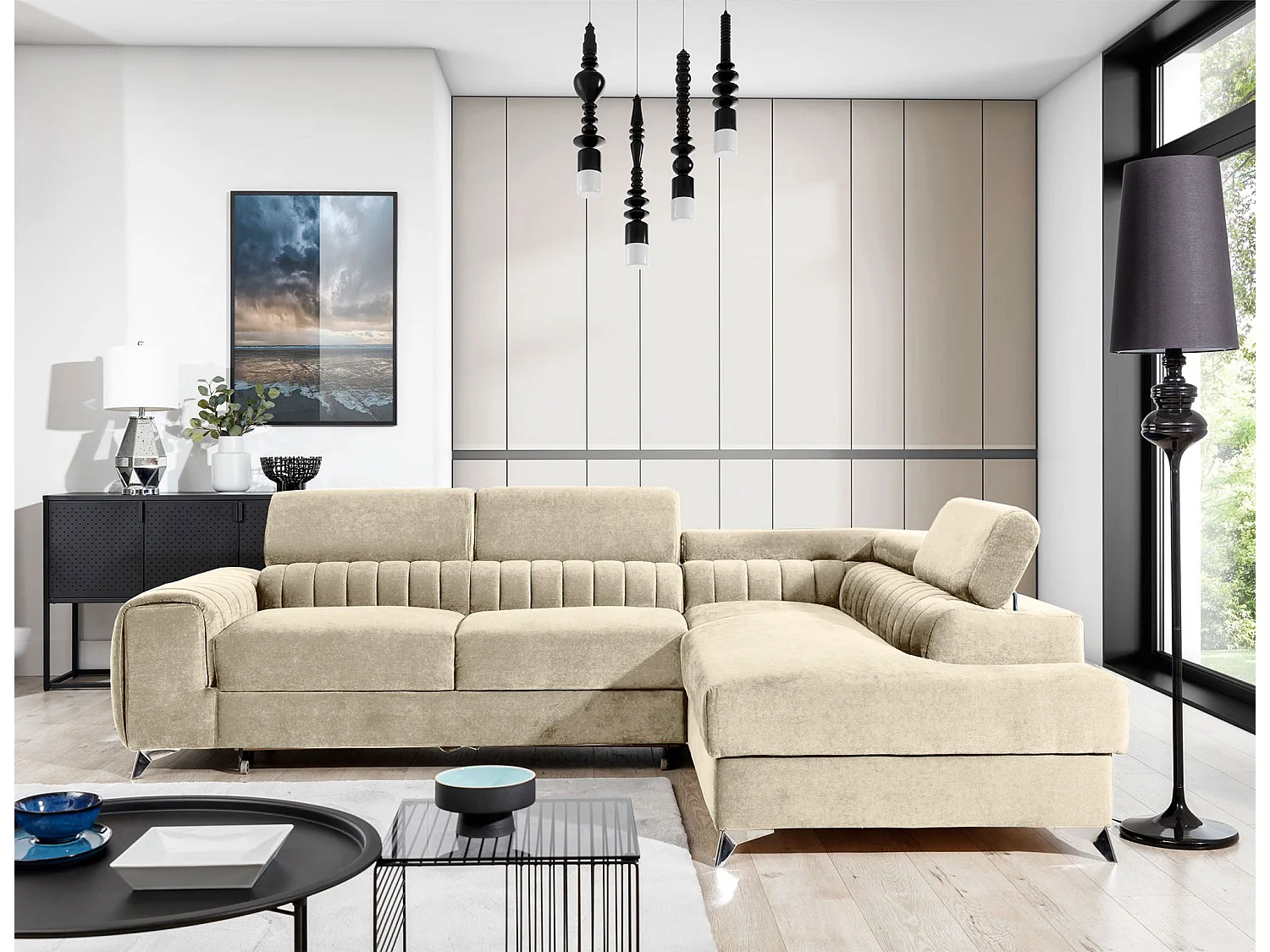 Canapé d'angle convertible velours appuis-tête réglables LOZA - Coffre et pieds acier chromé-Crème-angle droit