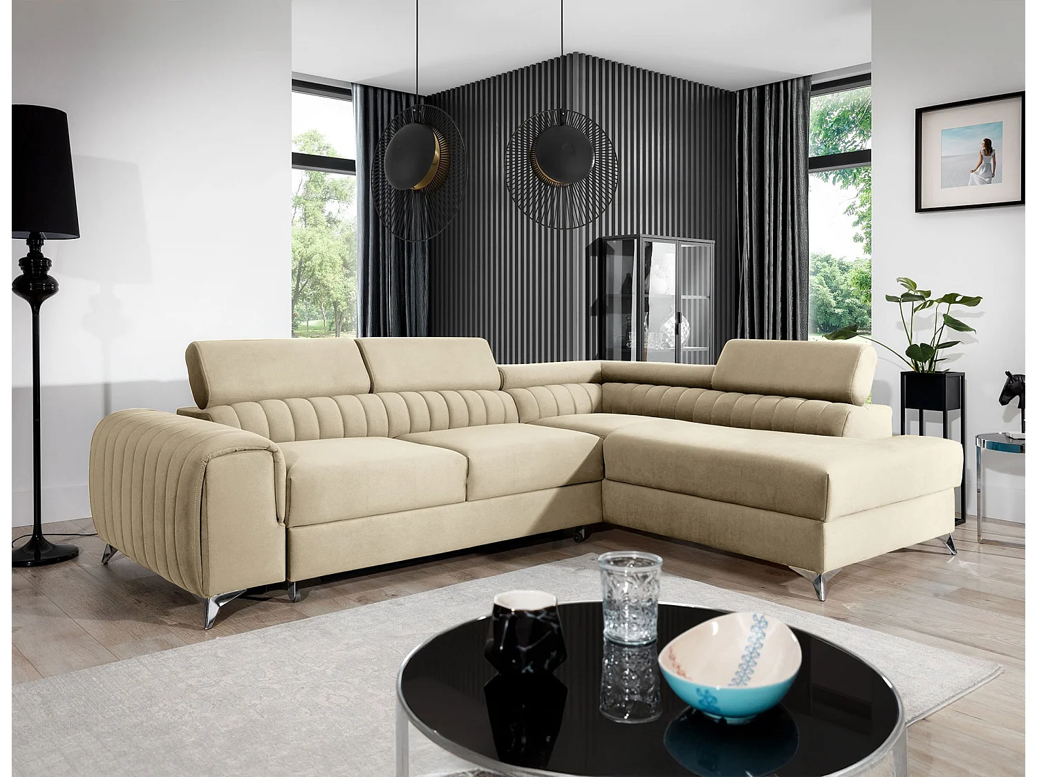 Canapé d'angle convertible velours appuis-tête réglables LOZA - Coffre et pieds acier chromé-Crème-angle droit