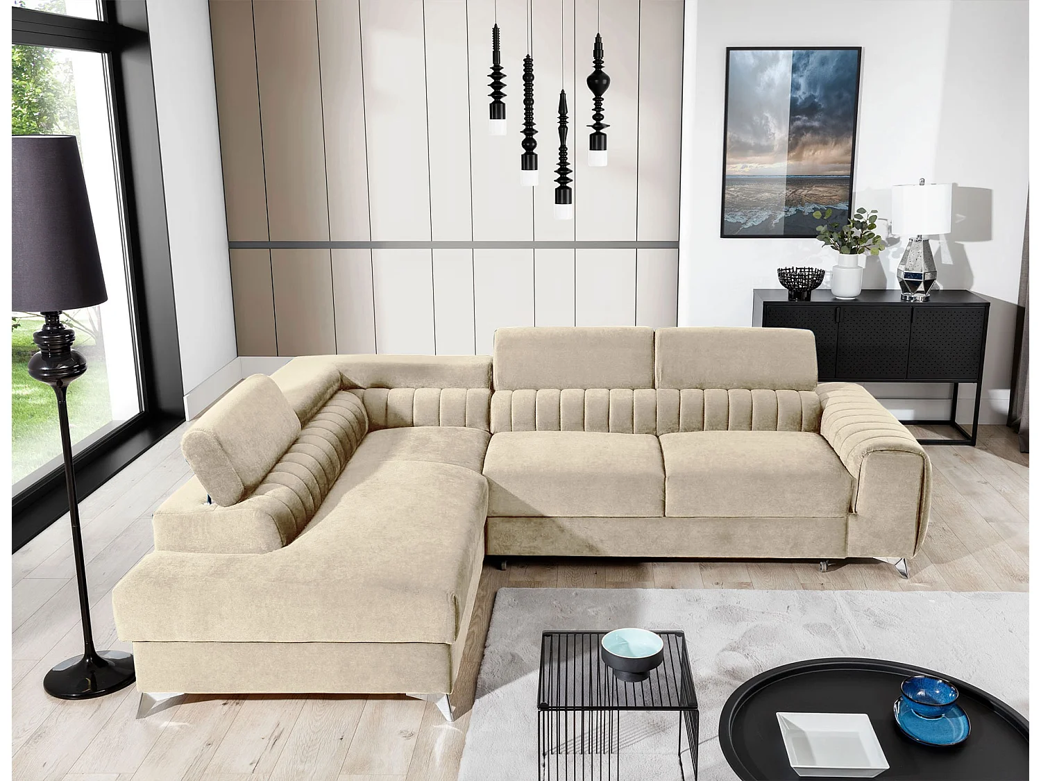 Canapé d'angle convertible velours appuis-tête réglables LOZA - Coffre et pieds acier chromé-Crème-angle droit