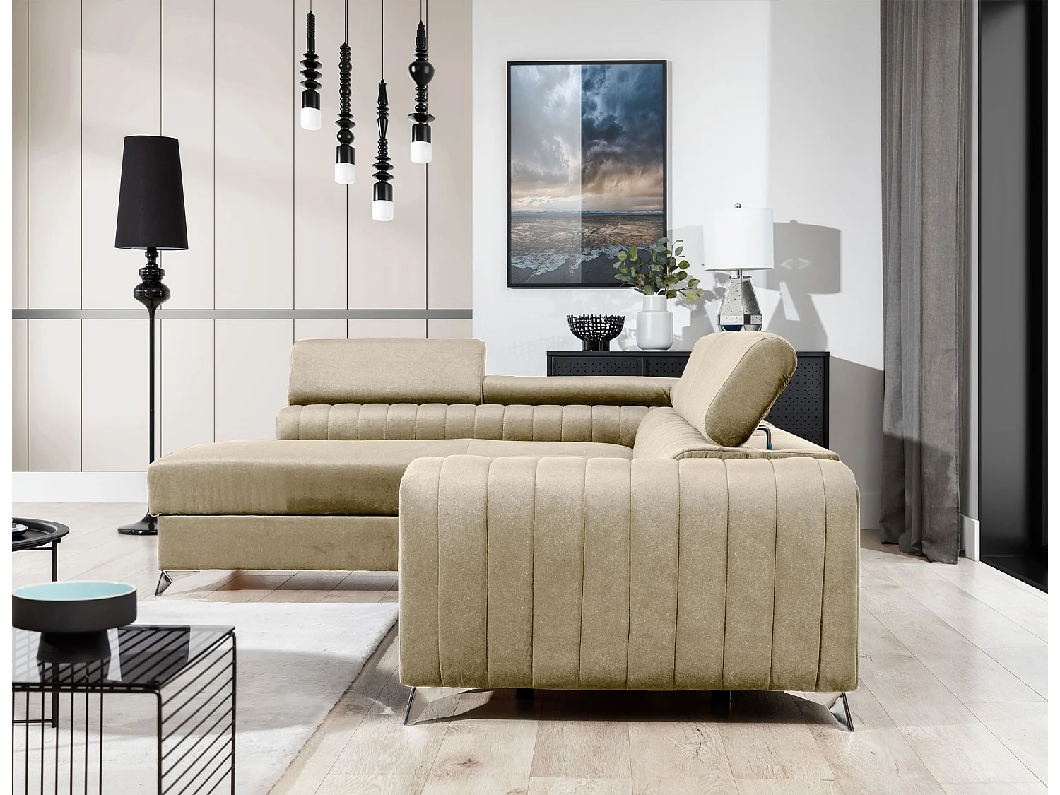 Canapé d'angle convertible velours appuis-tête réglables LOZA - Coffre et pieds acier chromé-Crème-angle droit