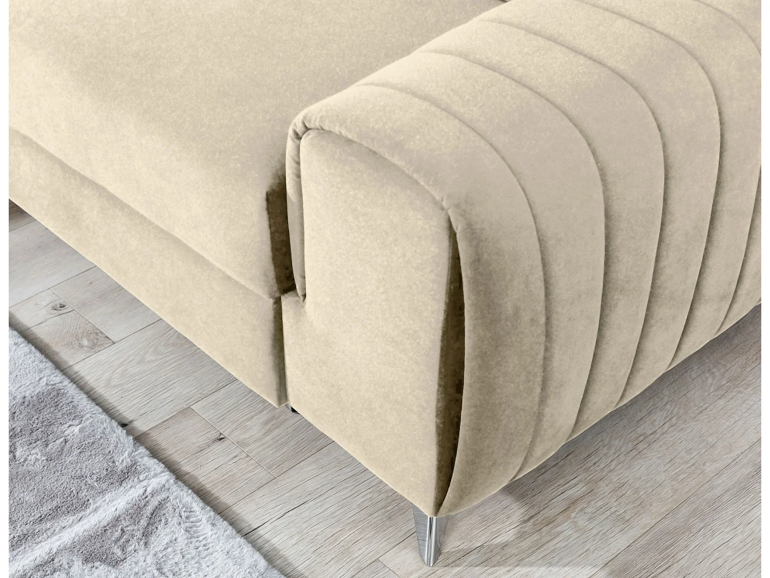 Canapé d'angle convertible velours appuis-tête réglables LOZA - Coffre et pieds acier chromé-Crème-angle droit