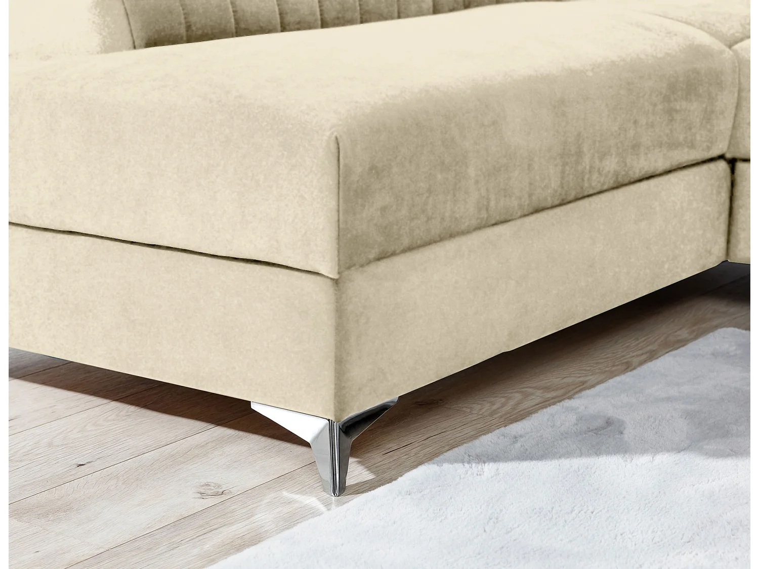 Canapé d'angle convertible velours appuis-tête réglables LOZA - Coffre et pieds acier chromé-Crème-angle droit