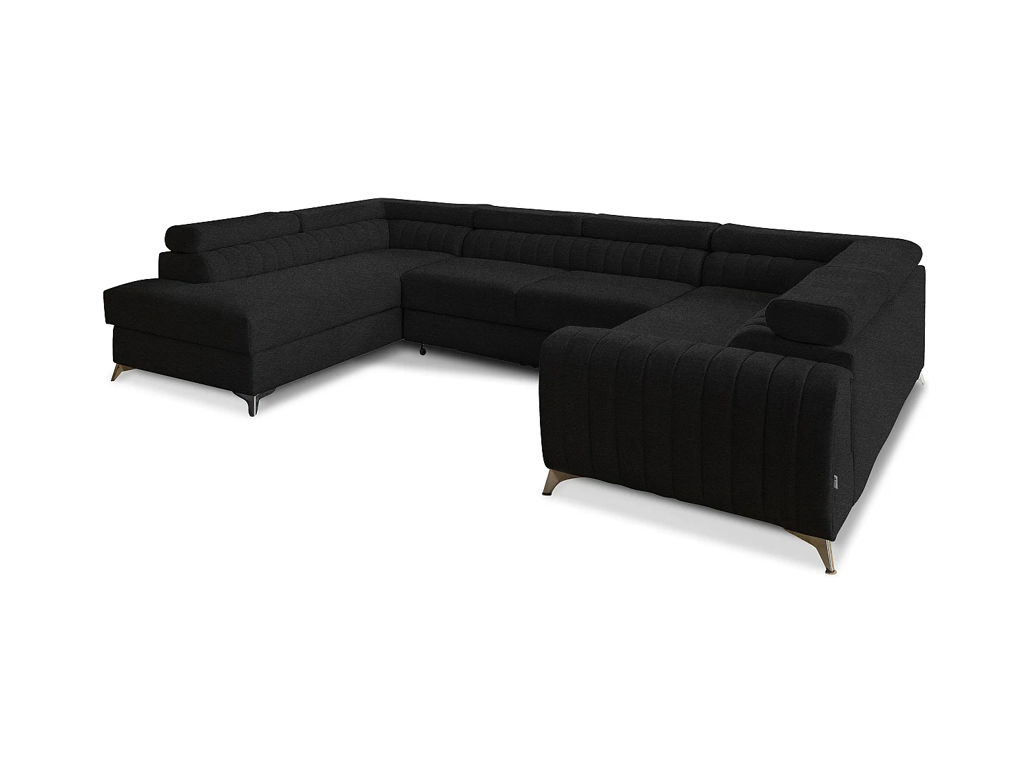 Canapé panoramique convertible LOUVE tissu - Rangement et têtières réglables-Noir-Coffre à gauche