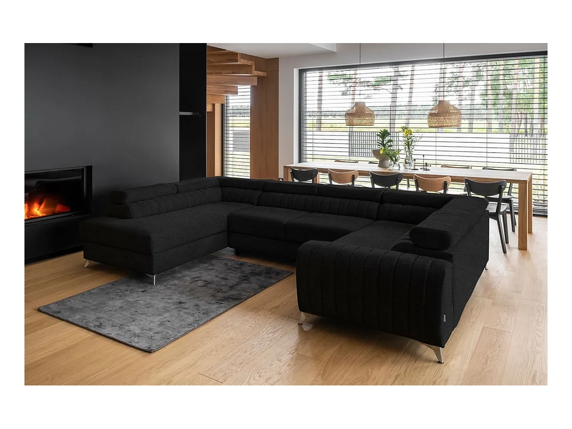 Canapé panoramique convertible LOUVE tissu - Rangement et têtières réglables-Noir-Coffre à gauche
