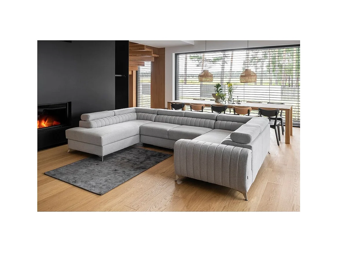 Canapé panoramique convertible LOUVE tissu - Rangement et têtières réglables-Noir-Coffre à gauche