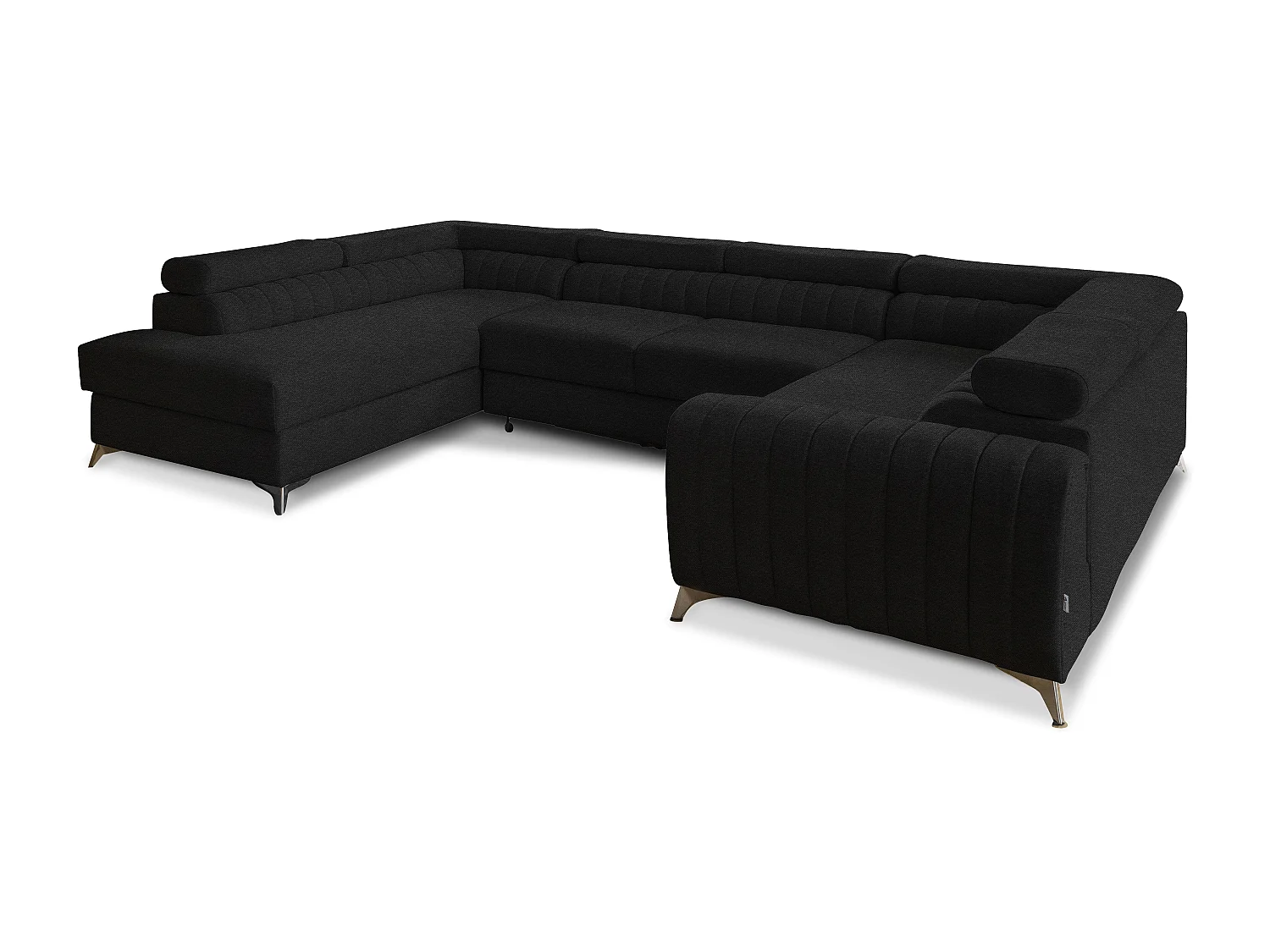 Canapé panoramique convertible LOUVE tissu - Rangement et têtières réglables-Noir-Coffre à gauche