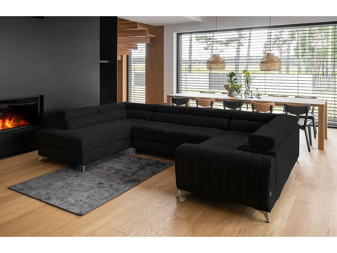 Canapé panoramique convertible LOUVE tissu - Rangement et têtières réglables-Noir-Coffre à gauche