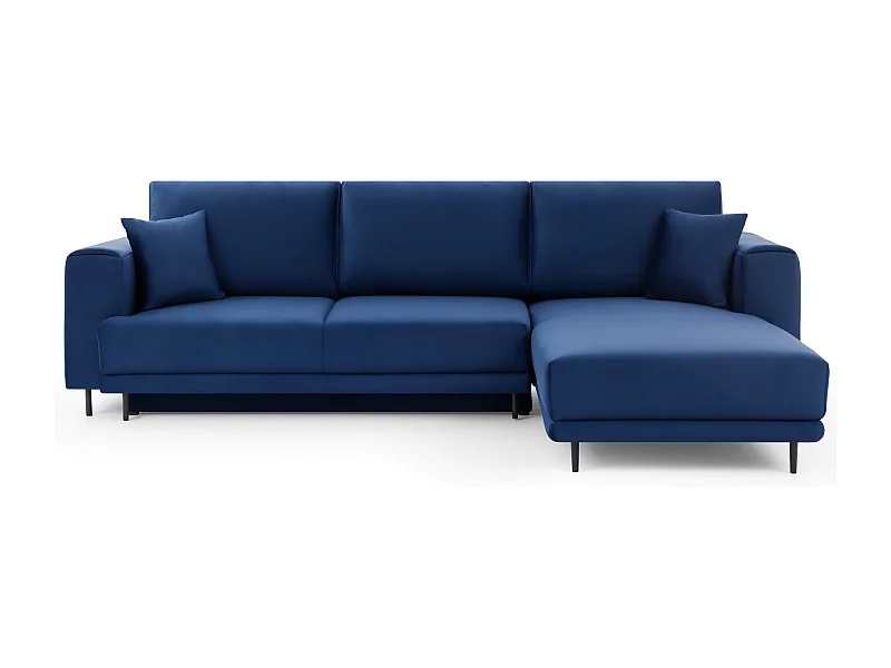 Canapé d'angle convertible velours DAVINA - Coffre et pieds métal noir-Bleu nuit-angle droit