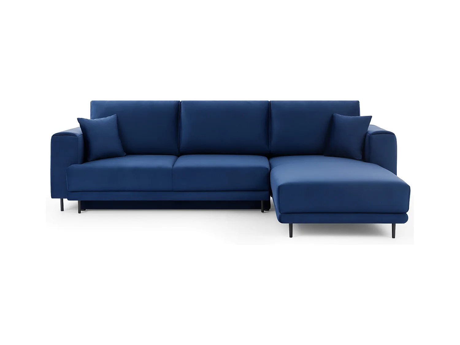Canapé d'angle convertible velours DAVINA - Coffre et pieds métal noir-Bleu nuit-angle droit