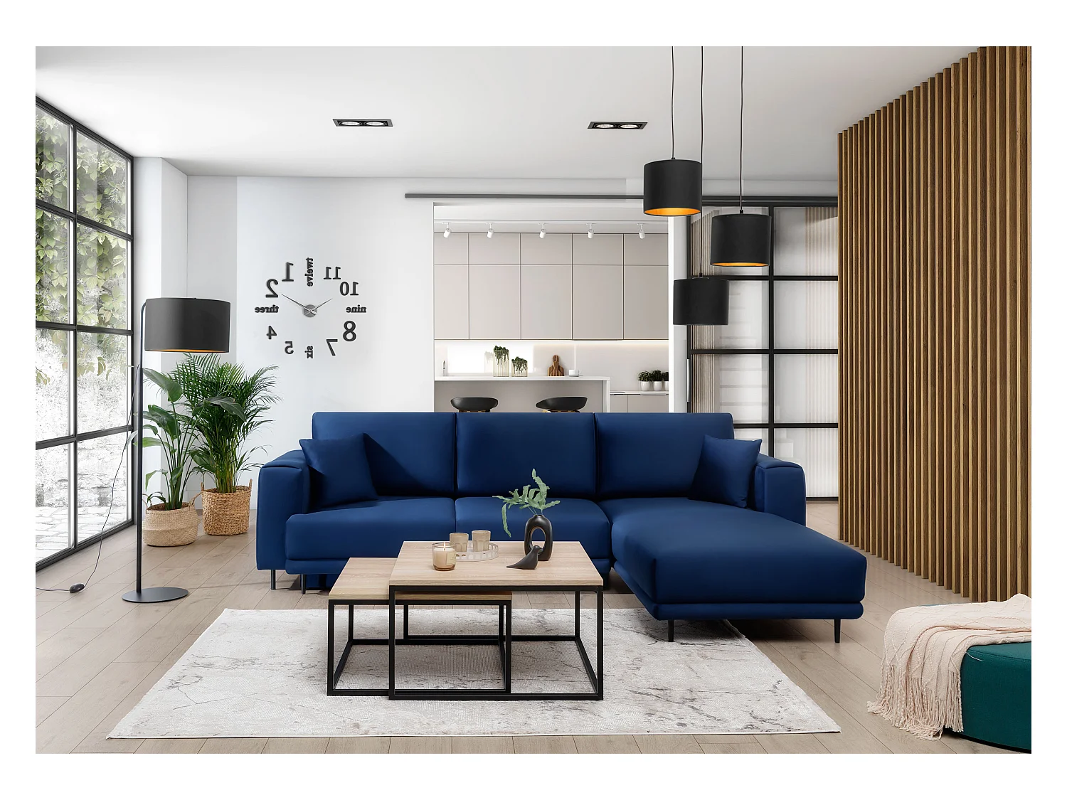 Canapé d'angle convertible velours DAVINA - Coffre et pieds métal noir-Bleu nuit-angle droit