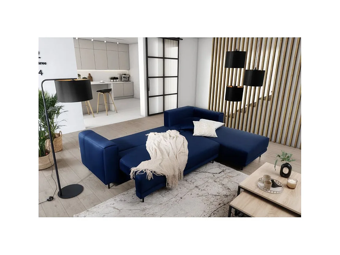 Canapé d'angle convertible velours DAVINA - Coffre et pieds métal noir-Bleu nuit-angle droit