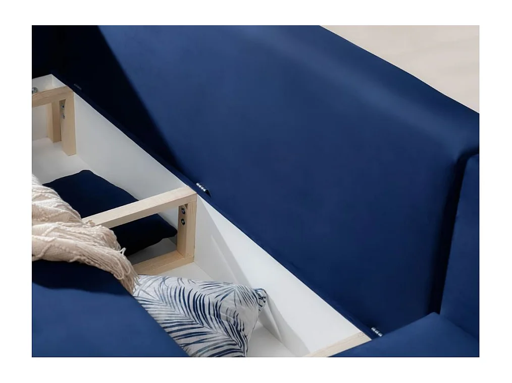 Canapé d'angle convertible velours DAVINA - Coffre et pieds métal noir-Bleu nuit-angle droit
