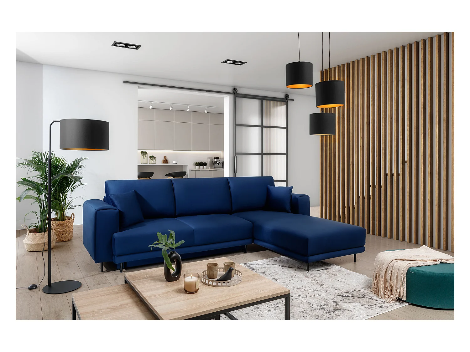 Canapé d'angle convertible velours DAVINA - Coffre et pieds métal noir-Bleu nuit-angle droit