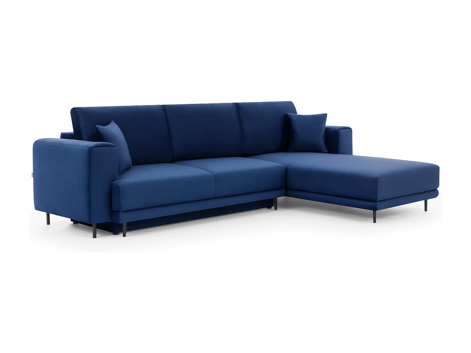 Canapé d'angle convertible velours DAVINA - Coffre et pieds métal noir-Bleu nuit-angle droit
