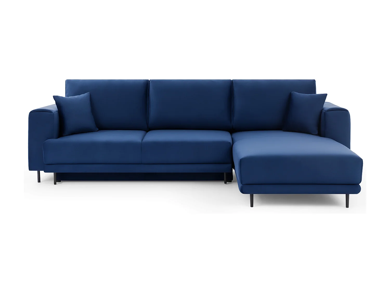 Canapé d'angle convertible velours DAVINA - Coffre et pieds métal noir-Bleu nuit-angle droit