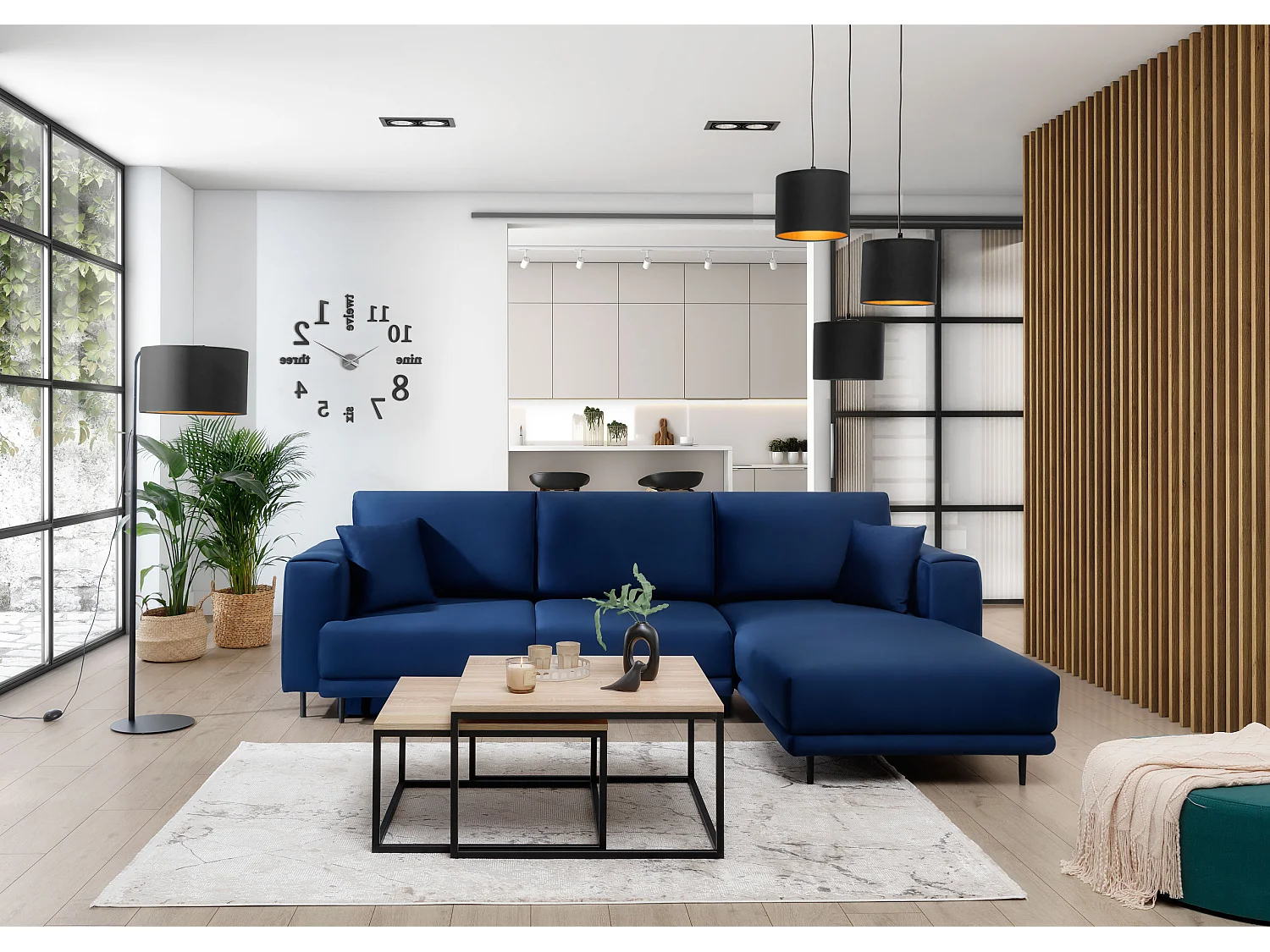 Canapé d'angle convertible velours DAVINA - Coffre et pieds métal noir-Bleu nuit-angle droit