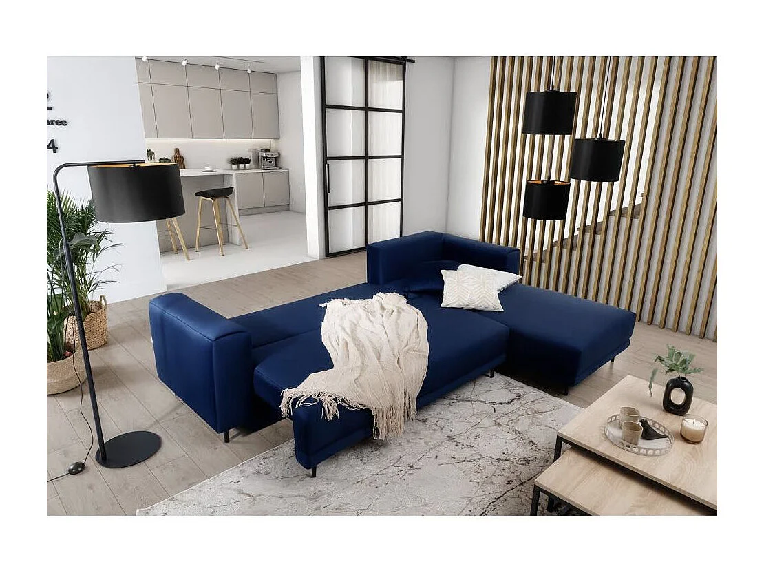 Canapé d'angle convertible velours DAVINA - Coffre et pieds métal noir-Bleu nuit-angle droit