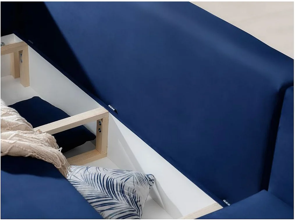 Canapé d'angle convertible velours DAVINA - Coffre et pieds métal noir-Bleu nuit-angle droit