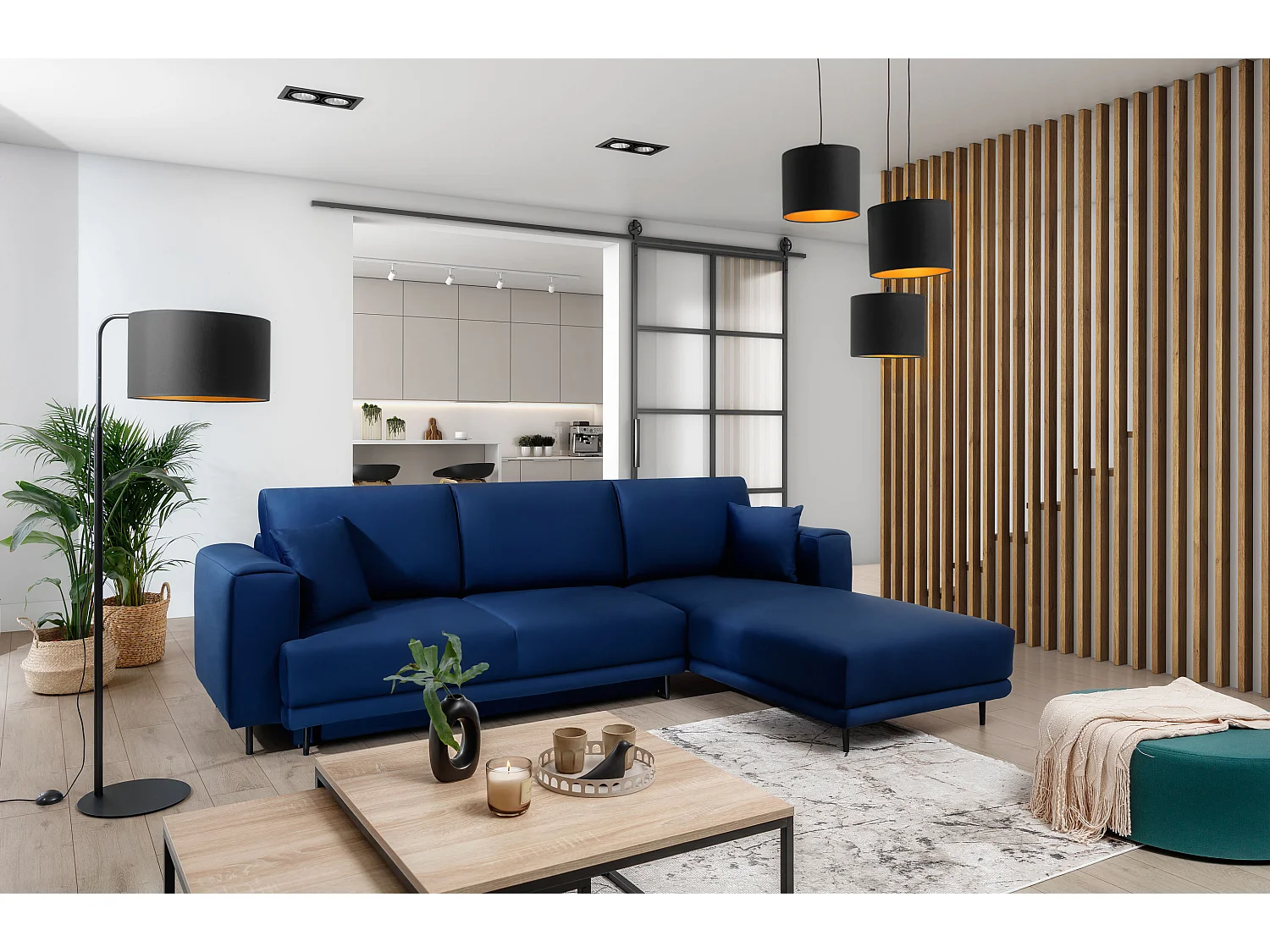 Canapé d'angle convertible velours DAVINA - Coffre et pieds métal noir-Bleu nuit-angle droit