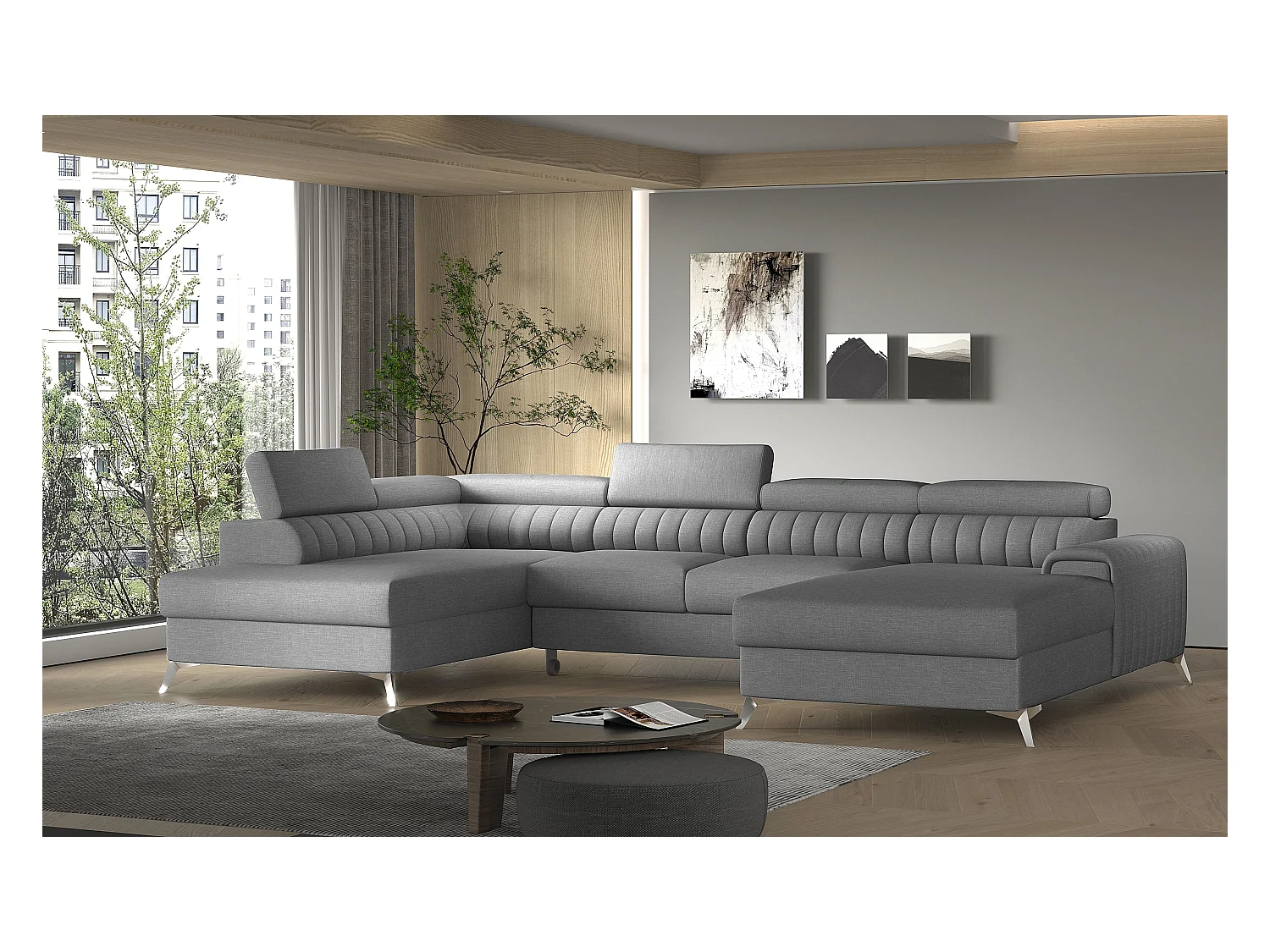 Canapé en U convertible KALANTE tissu - Coffre de rangement et appuie-têtes réglables-Gris clair-Coffre à gauche