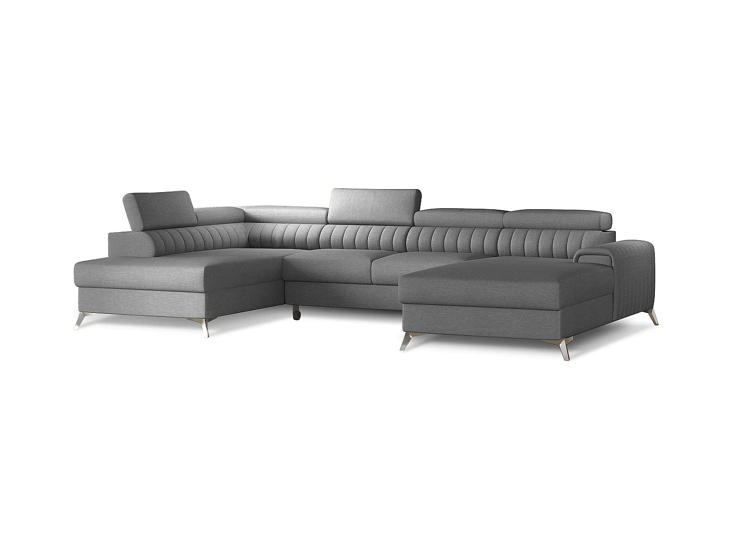 Canapé en U convertible KALANTE tissu - Coffre de rangement et appuie-têtes réglables-Gris clair-Coffre à gauche