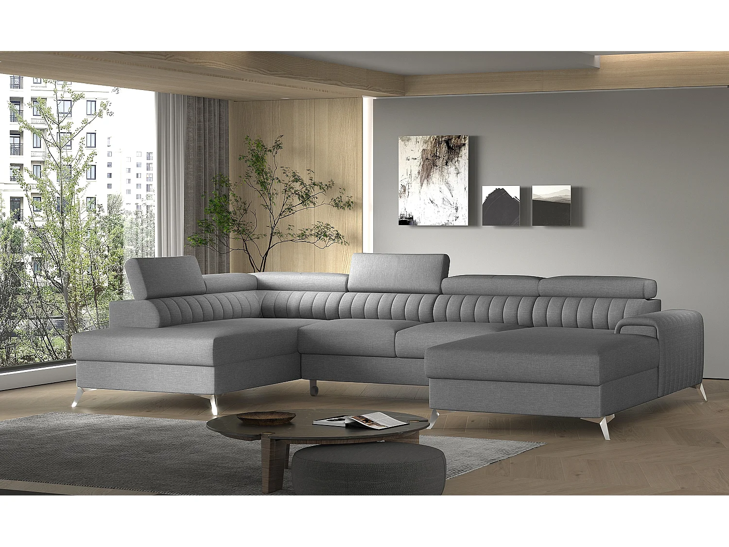 Canapé en U convertible KALANTE tissu - Coffre de rangement et appuie-têtes réglables-Gris clair-Coffre à gauche