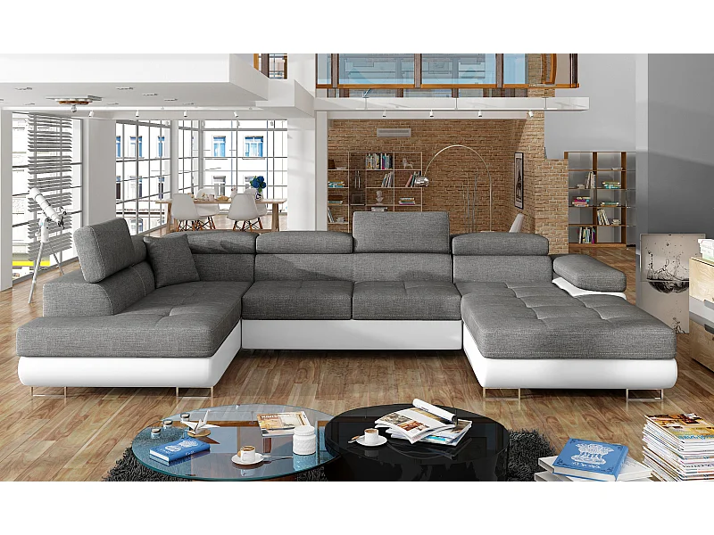 Canapé panoramique convertible ROMANO - Rangement et appuie-têtes réglables-Blanc/Gris-Coffre à gauche
