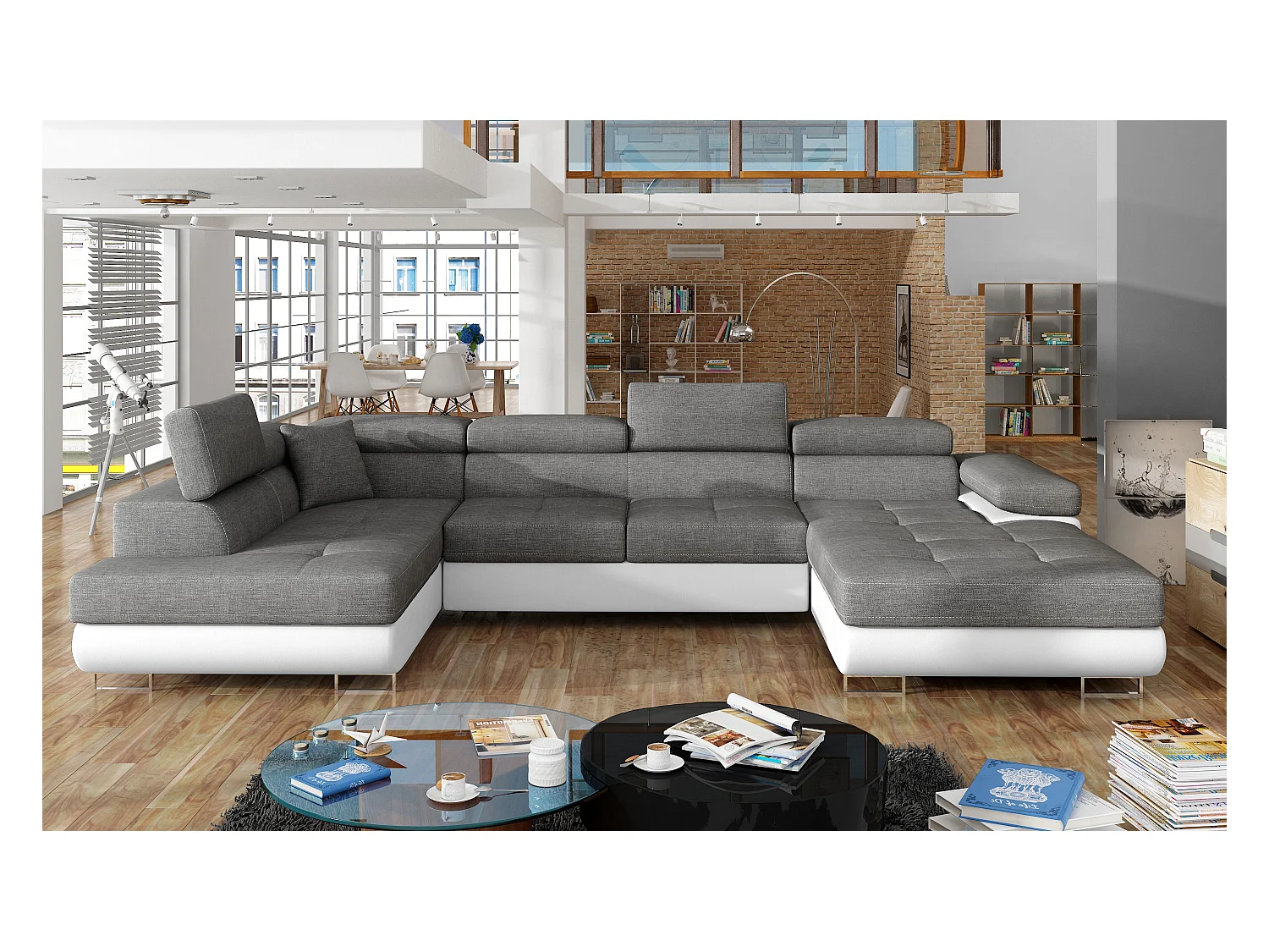 Canapé panoramique convertible ROMANO - Rangement et appuie-têtes réglables-Blanc/Gris-Coffre à gauche