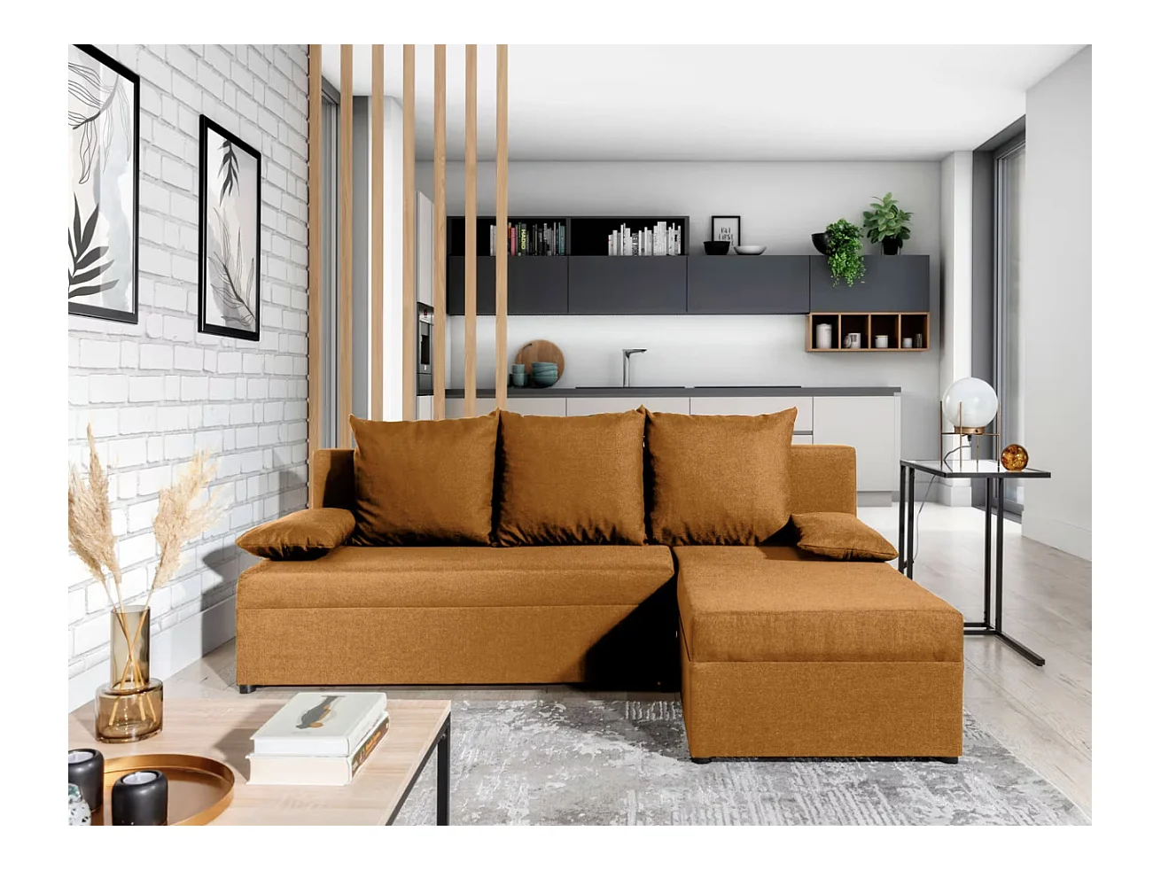 Canapé convertible angle réversible tissu camel Gary 206cm
