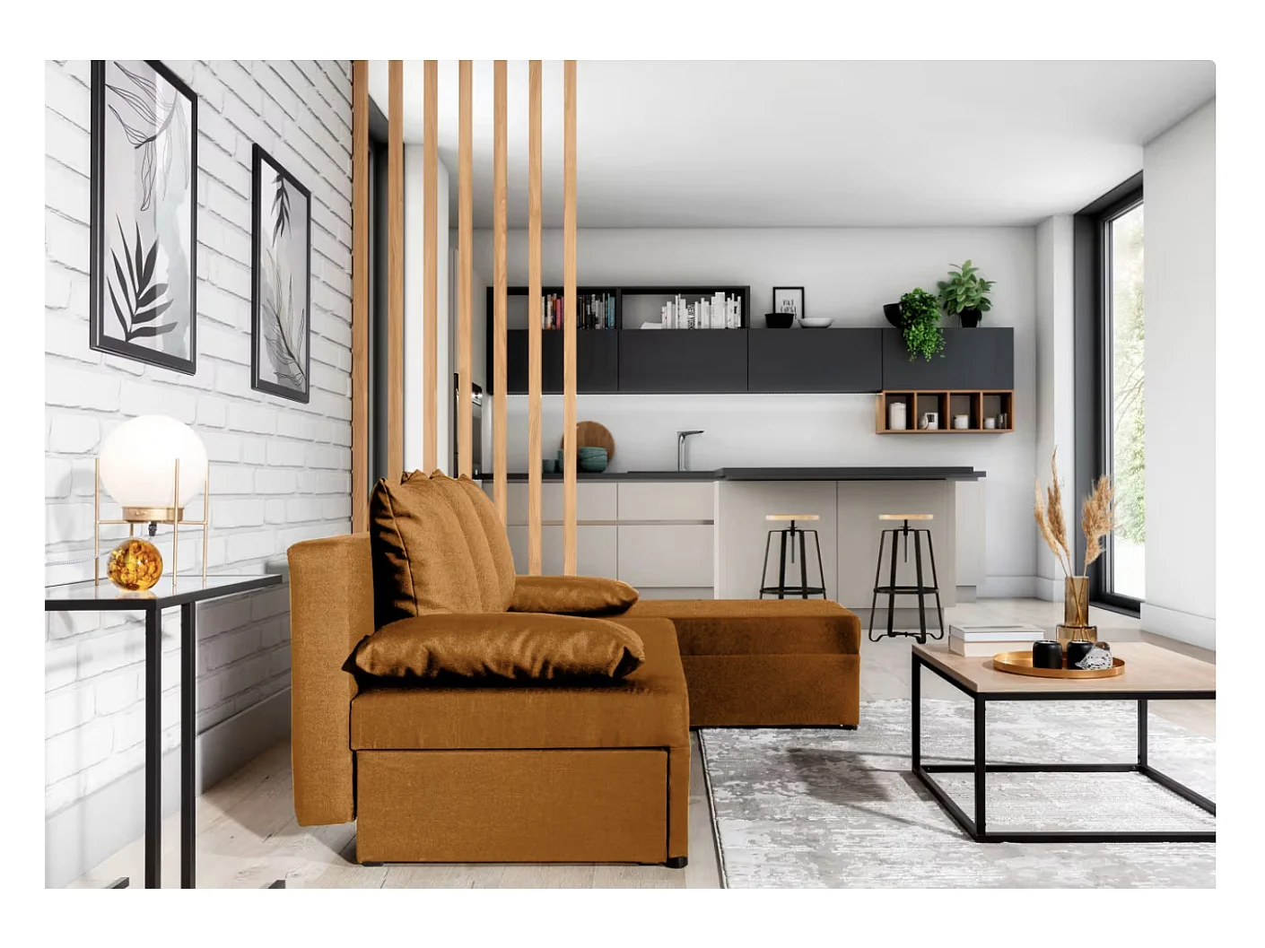 Canapé convertible angle réversible tissu camel Gary 206cm