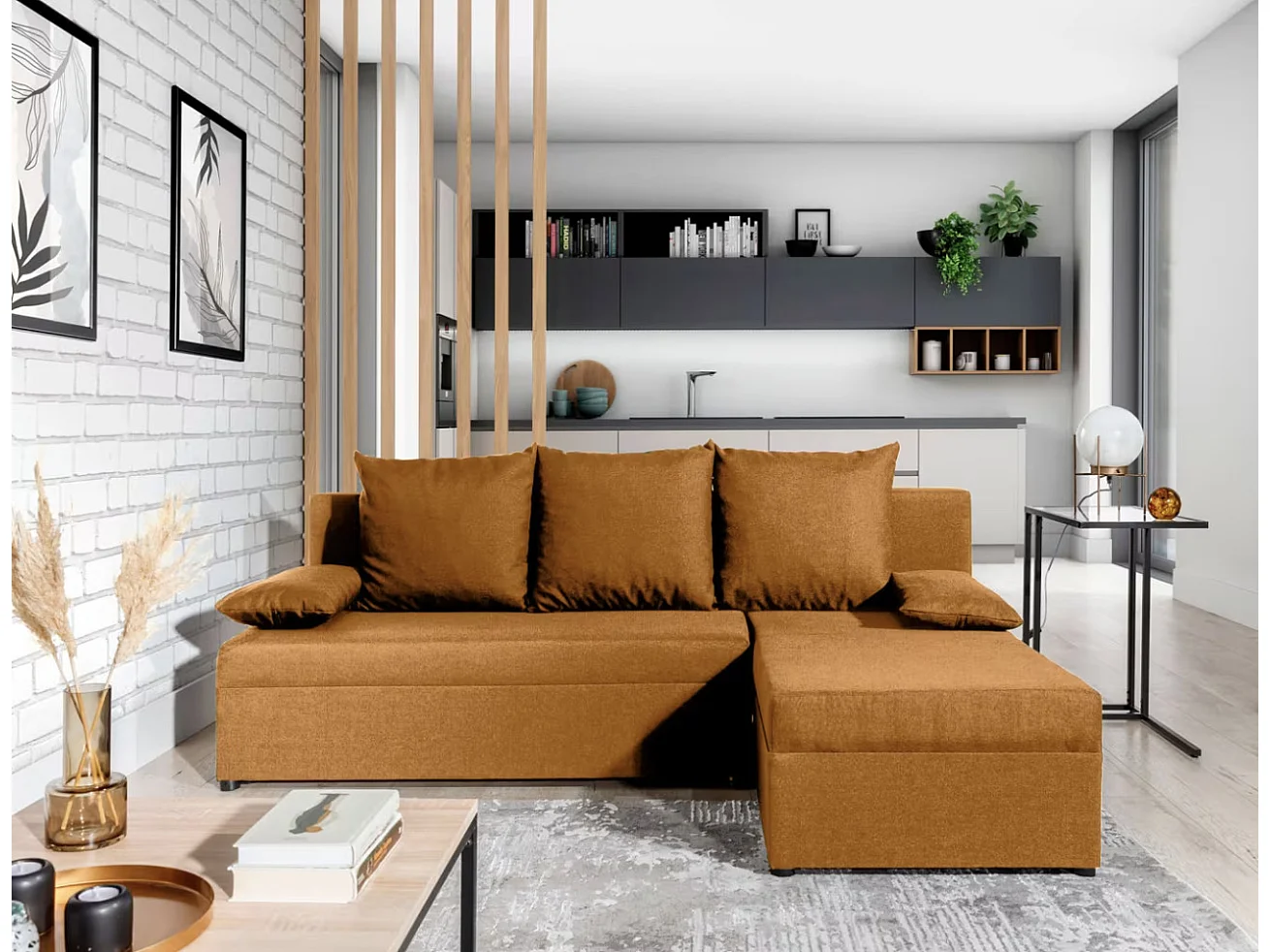 Canapé convertible angle réversible tissu camel Gary 206cm