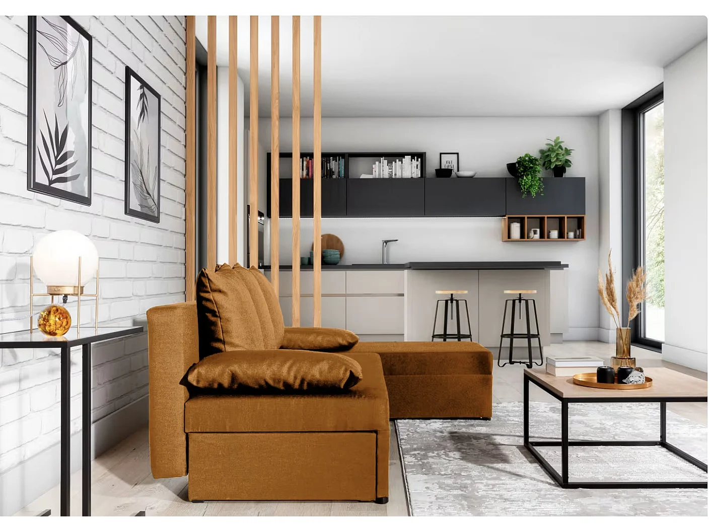 Canapé convertible angle réversible tissu camel Gary 206cm