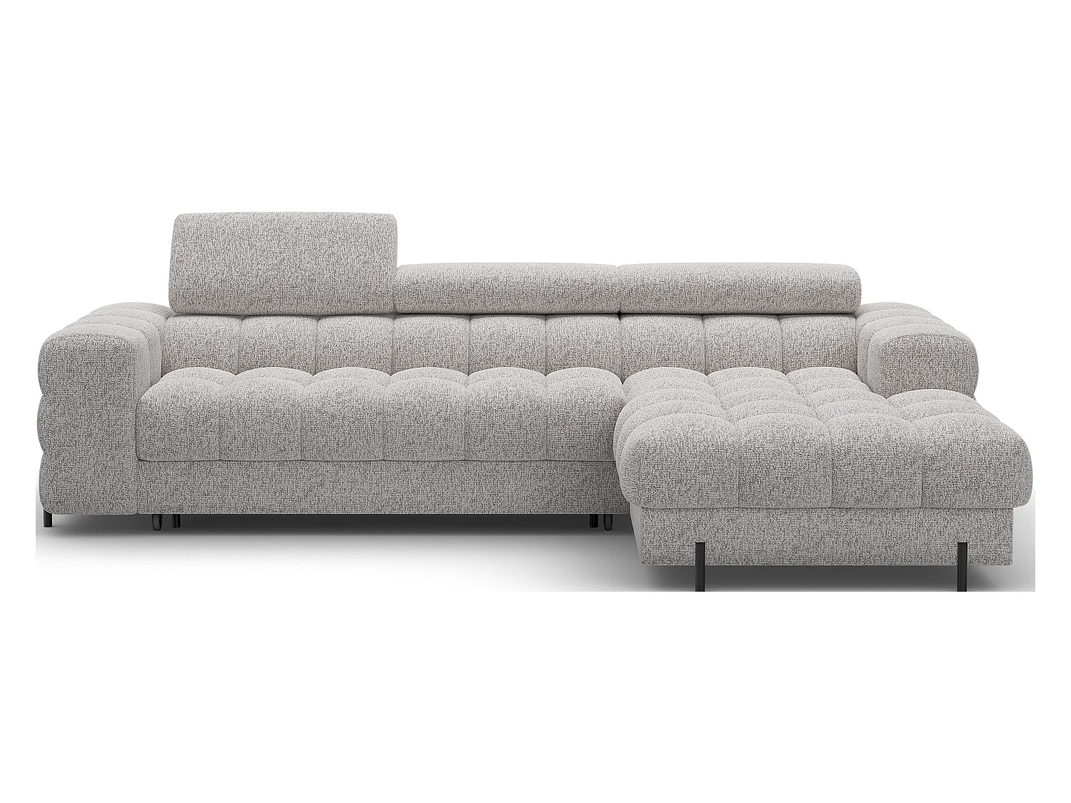 KATE omvormbare stoffen hoekbank met verstelbare hoofdsteunen – Zwarte metalen opbergruimte en poten-Kleur Lichtgrijs gevlekt-juiste hoek