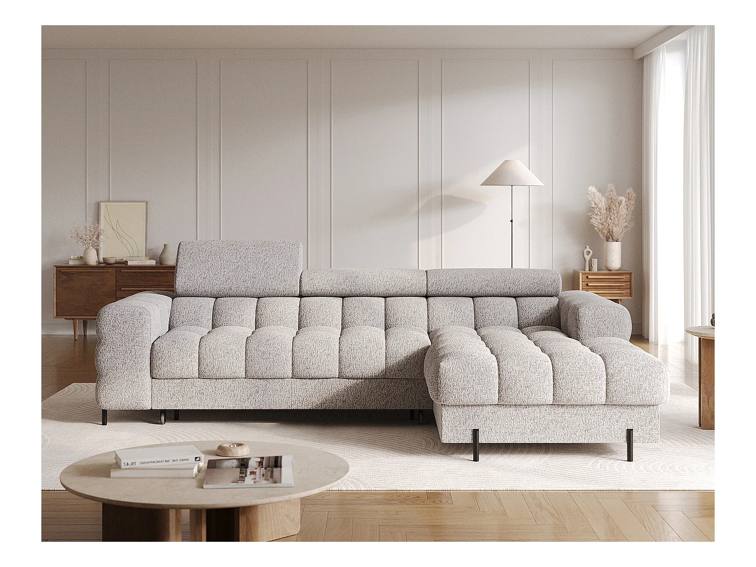 KATE omvormbare stoffen hoekbank met verstelbare hoofdsteunen – Zwarte metalen opbergruimte en poten-Kleur Lichtgrijs gevlekt-juiste hoek