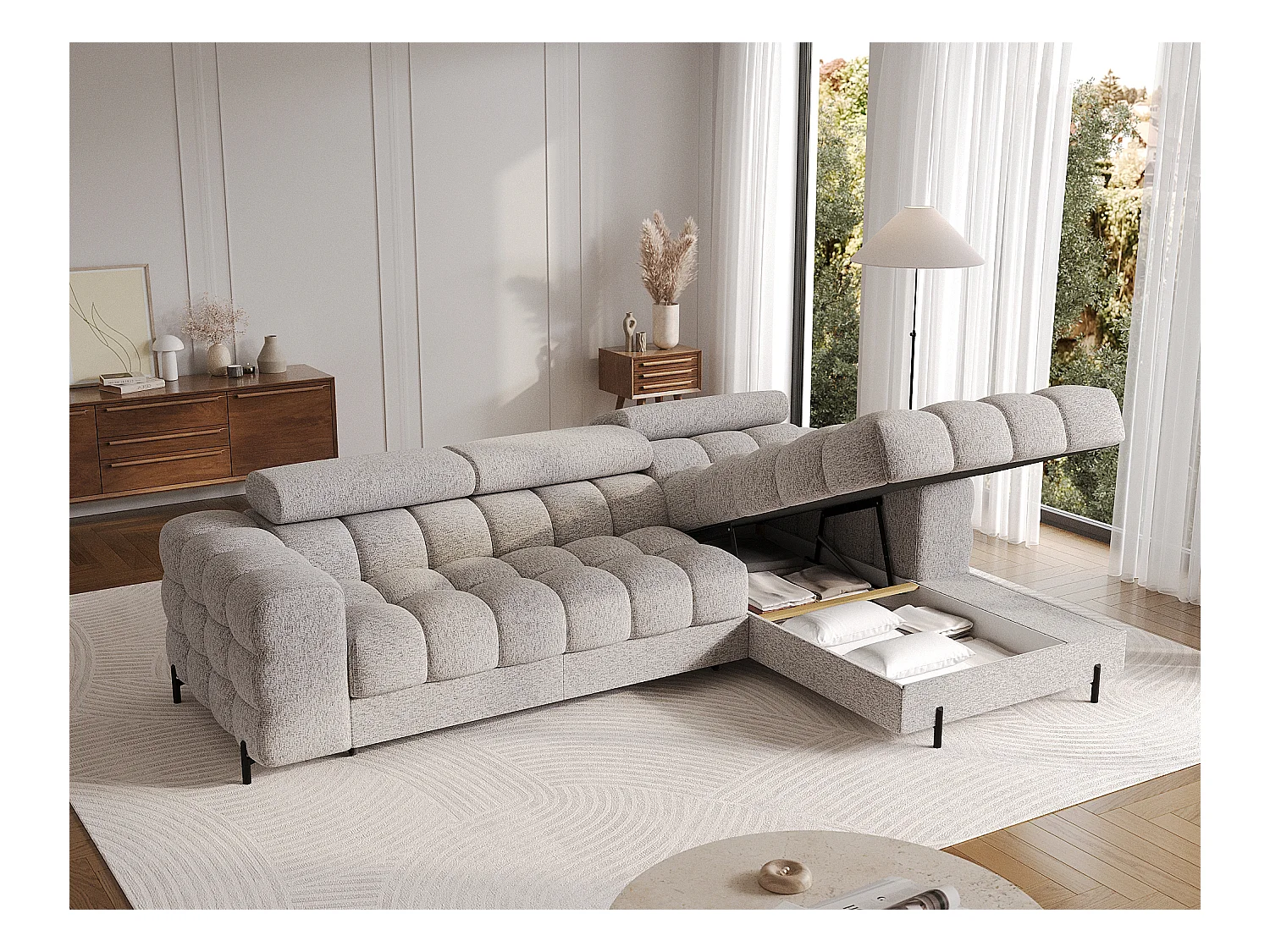 KATE omvormbare stoffen hoekbank met verstelbare hoofdsteunen – Zwarte metalen opbergruimte en poten-Kleur Lichtgrijs gevlekt-juiste hoek