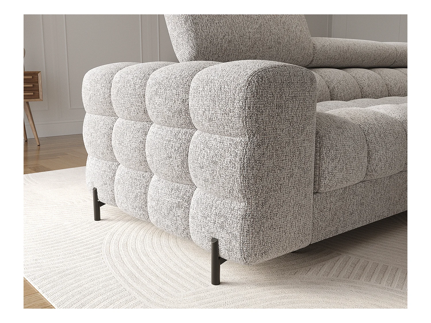 KATE omvormbare stoffen hoekbank met verstelbare hoofdsteunen – Zwarte metalen opbergruimte en poten-Kleur Lichtgrijs gevlekt-juiste hoek