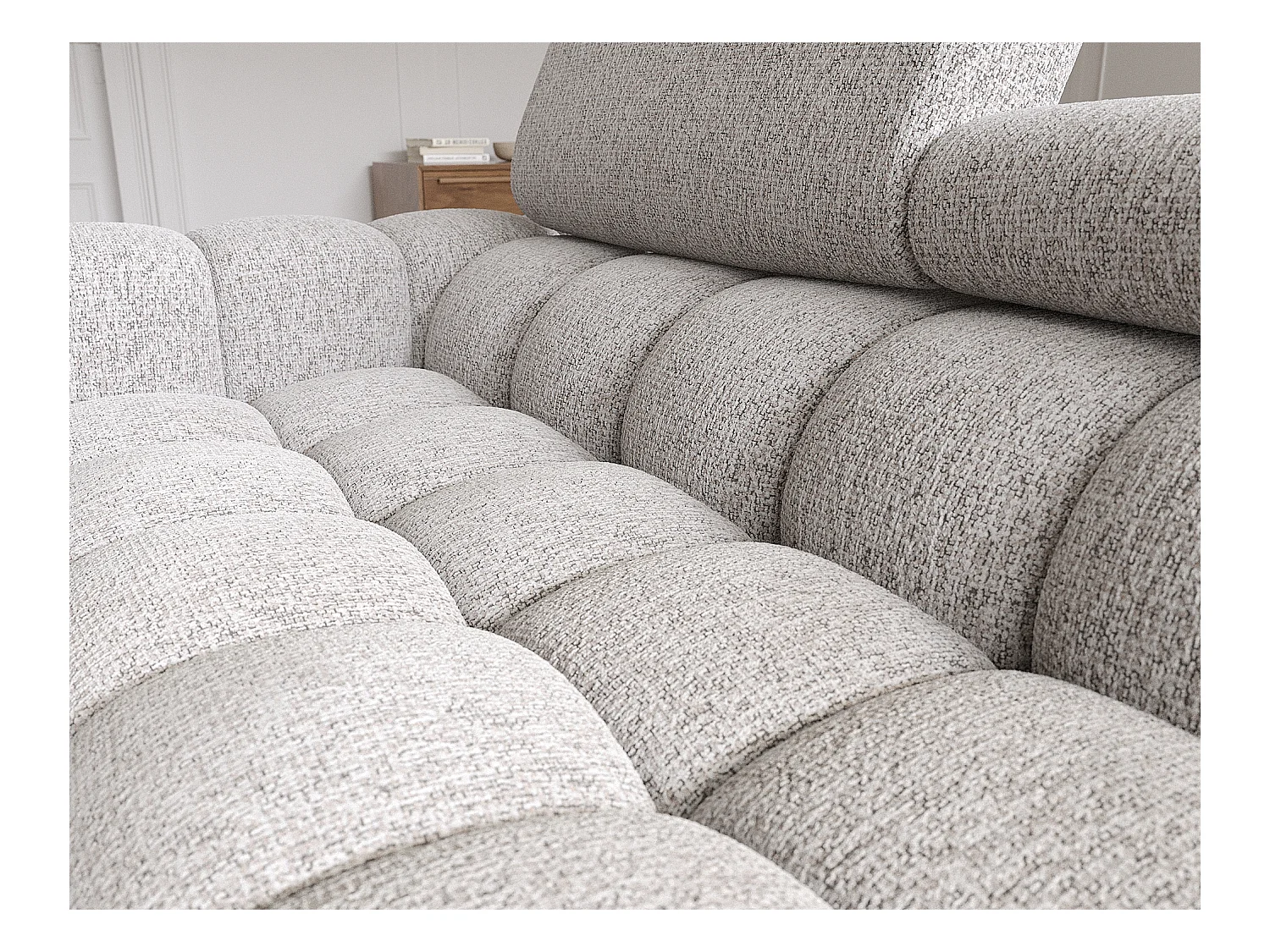 KATE omvormbare stoffen hoekbank met verstelbare hoofdsteunen – Zwarte metalen opbergruimte en poten-Kleur Lichtgrijs gevlekt-juiste hoek