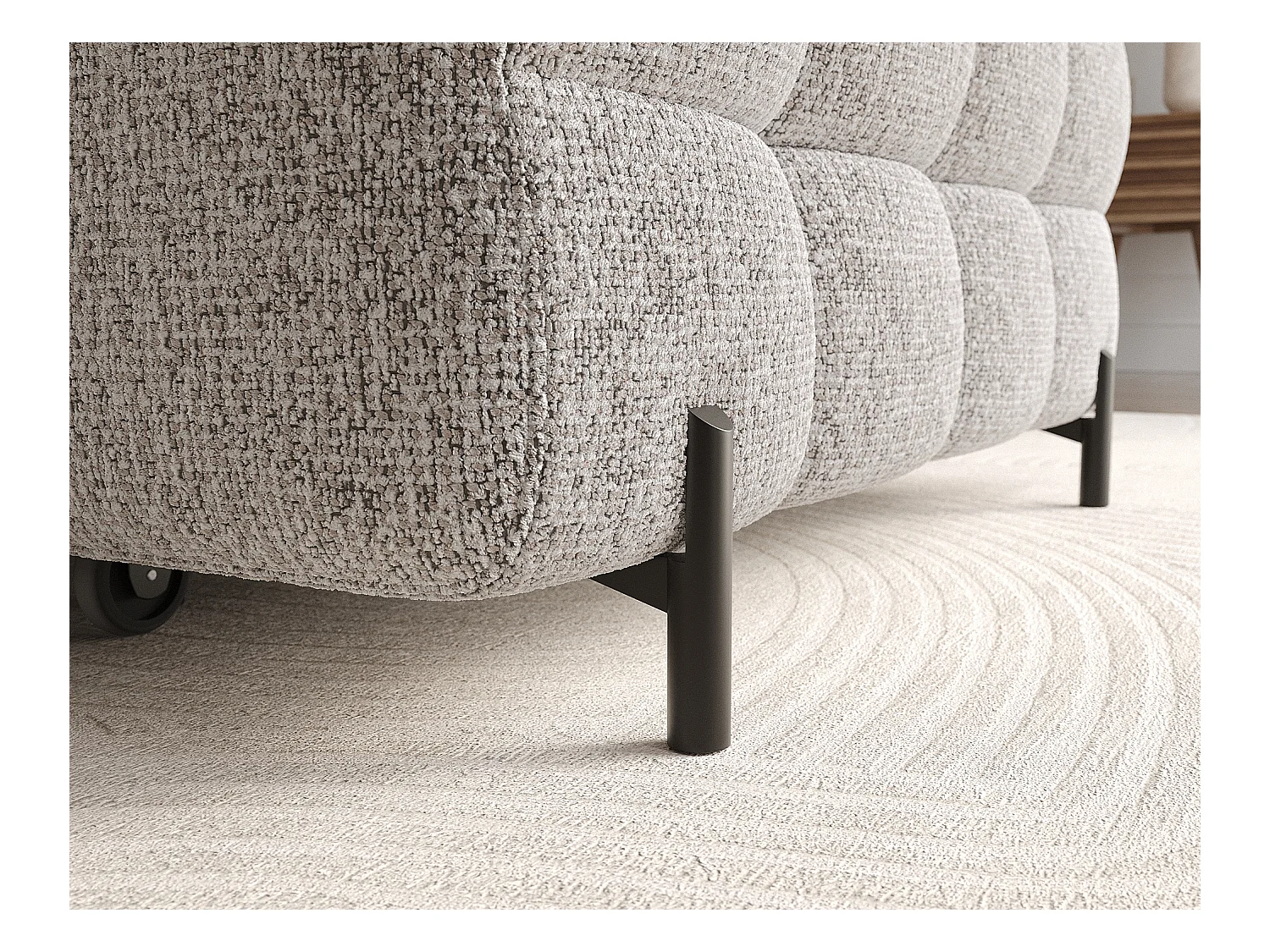 KATE omvormbare stoffen hoekbank met verstelbare hoofdsteunen – Zwarte metalen opbergruimte en poten-Kleur Lichtgrijs gevlekt-juiste hoek