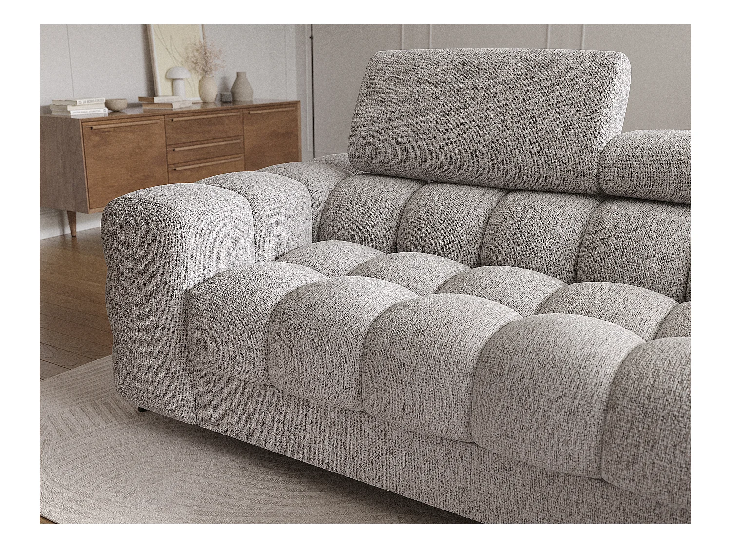 KATE omvormbare stoffen hoekbank met verstelbare hoofdsteunen – Zwarte metalen opbergruimte en poten-Kleur Lichtgrijs gevlekt-juiste hoek